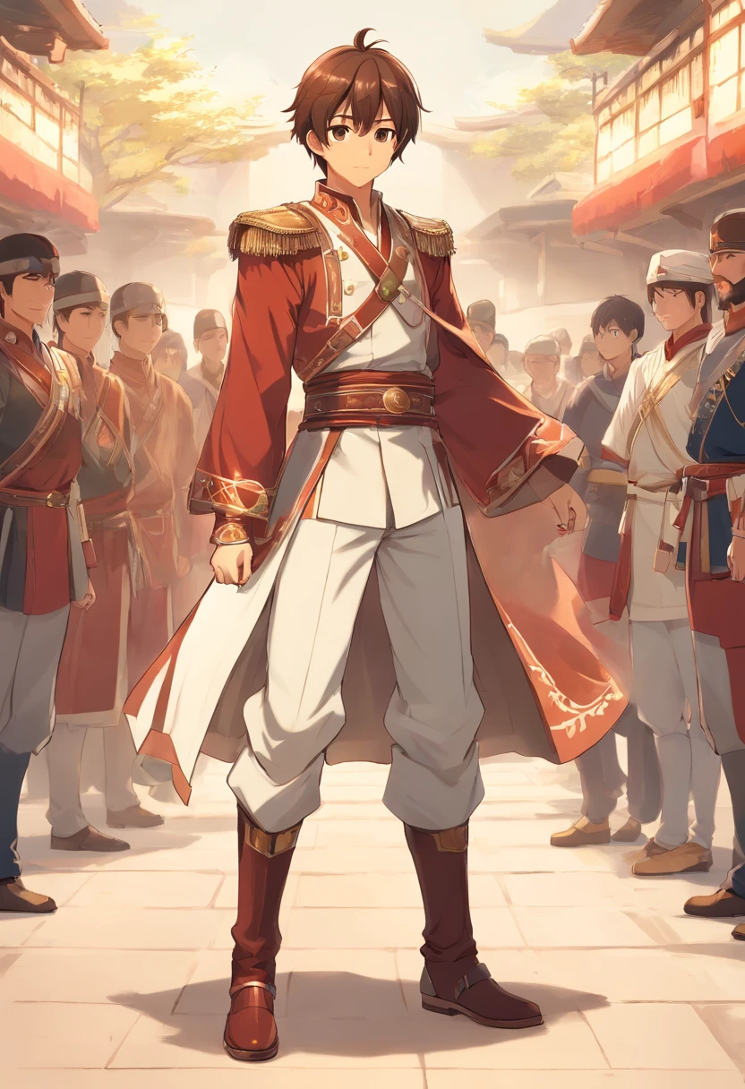 Ottoman cavalry dress，male people，shoun，nobles，Long white pants，Deerskin booties，with short brown hair，Sepia pupils，white backgrounid，Delicate facial features