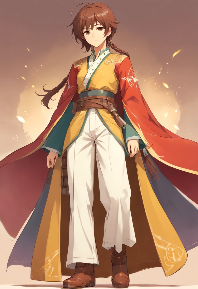 Ottoman cavalry dress，male people，shoun，nobles，Long white pants，Deerskin booties，with short brown hair，Sepia pupils，white backgrounid，Delicate facial features