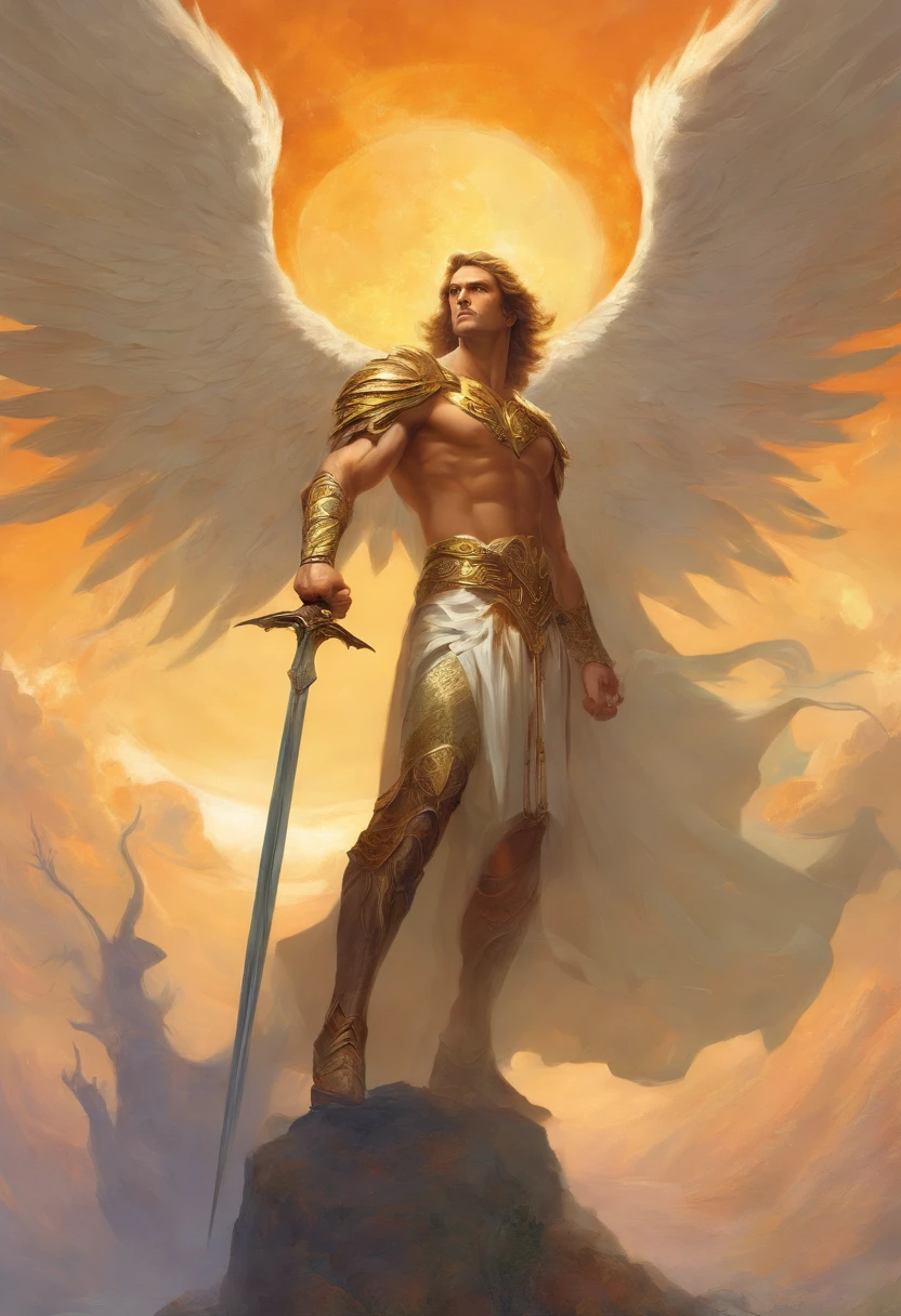 a painting of an angel man, with a beautiful face, ((looking forward)),((muscular body of man, sculptural body, strong,well-turned and muscular legs)), ((The rcanjo Miguel)), ((with several huge wings)), ((angel wings)), various positions (((full body shot)), full body man, Frank Kelly Freas, Karol Bak style, best quality,32k ultra quality,  parade paper quality, movie image, Classic 8K