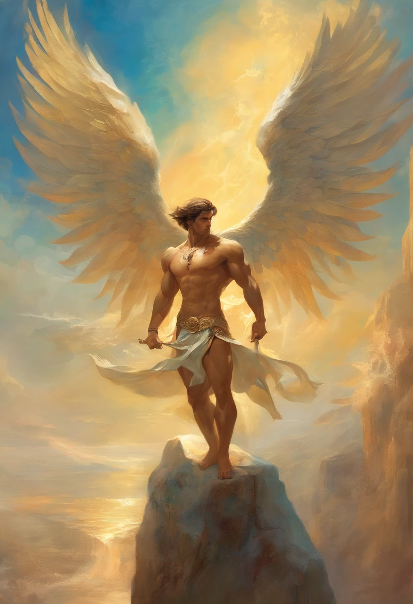 a painting of an angel man, with a beautiful face, ((looking forward)),((muscular body of man, sculptural body, strong,well-turned and muscular legs)), ((The rcanjo Miguel)), ((with several huge wings)), ((angel wings)), various positions (((full body shot)), full body man, Frank Kelly Freas, Karol Bak style, best quality,32k ultra quality, parade paper quality, movie image, Classic 8K