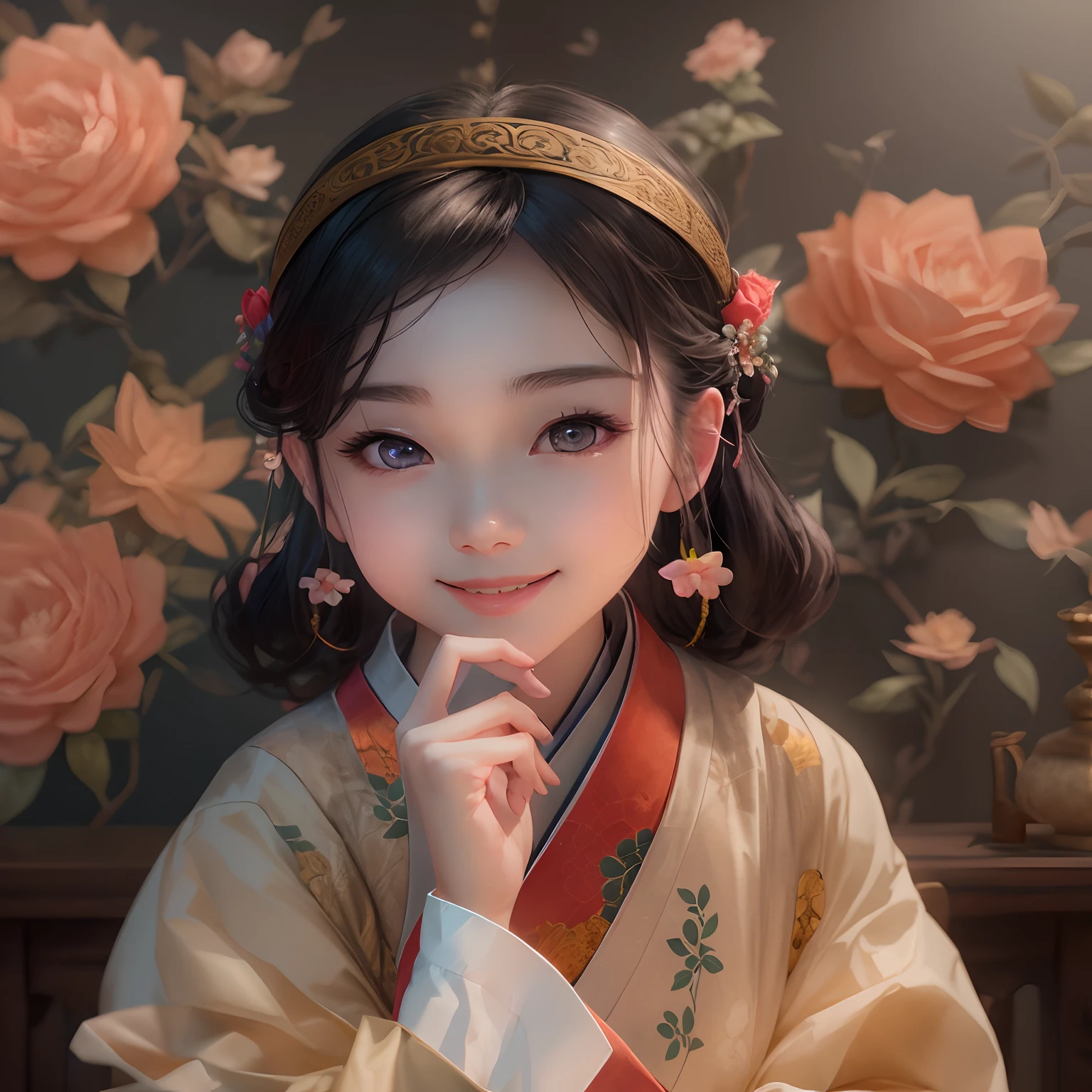 Movie Angle,(A cute girl,Single,anatomy correct,full bodyesbian,Masterpiece camellia,Masterpiece Hanfu,ssmile),(illustratio,paper art,3Drenderingof),(plethora of colors,Best quality,high detal,tmasterpiece,Cinematic lighting effects,4K,Chiaroscuro)