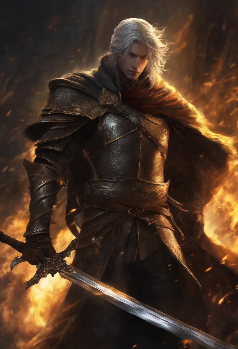 anime menino loiro cabelo longo, pupilas amarelas, corpo muscular, Assasin Class dark souls, trident in the hands