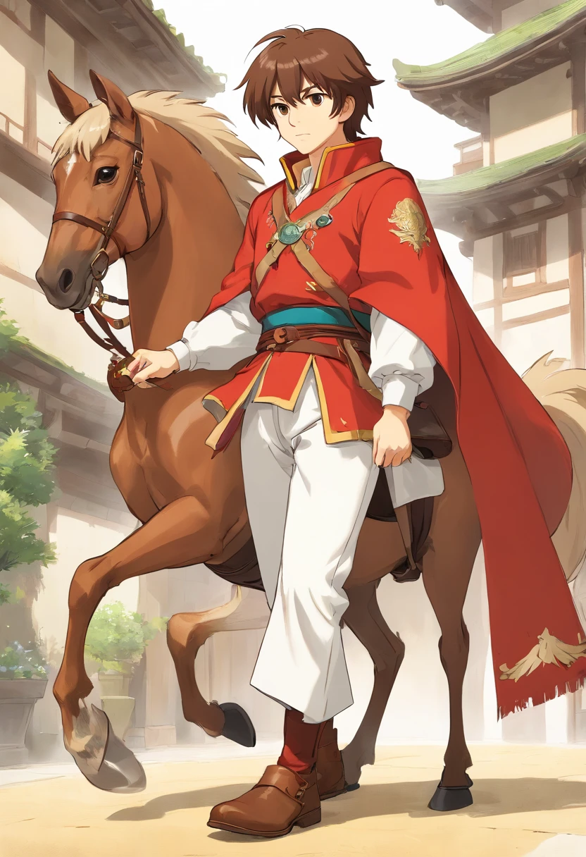 Ottoman cavalry dress，male people，shoun，nobles，Long white pants，Deerskin booties，with short brown hair，Sepia pupils，white backgrounid，Delicate facial features