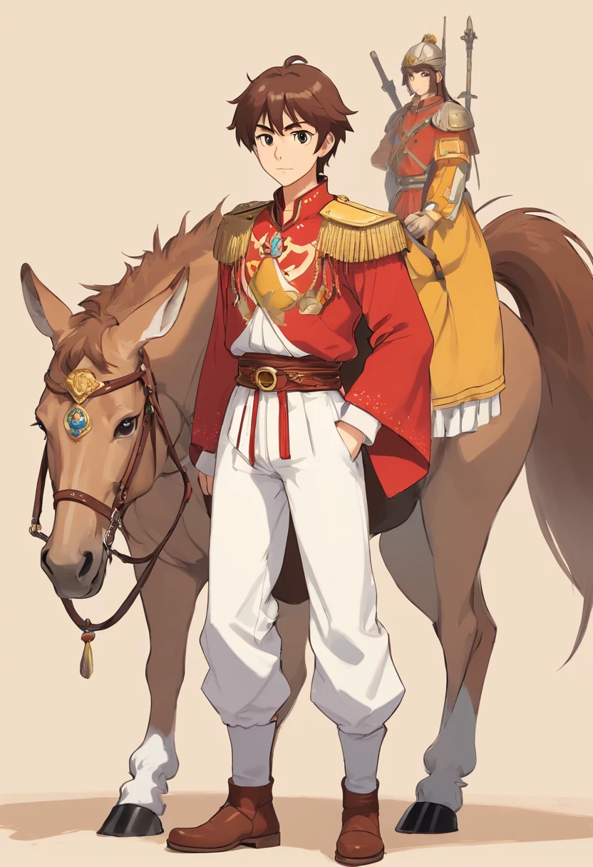 Ottoman cavalry dress,male people,shoun,nobles,Long white pants,Deerskin booties,with short brown hair,Sepia pupils,white backgrounid,Delicate facial features