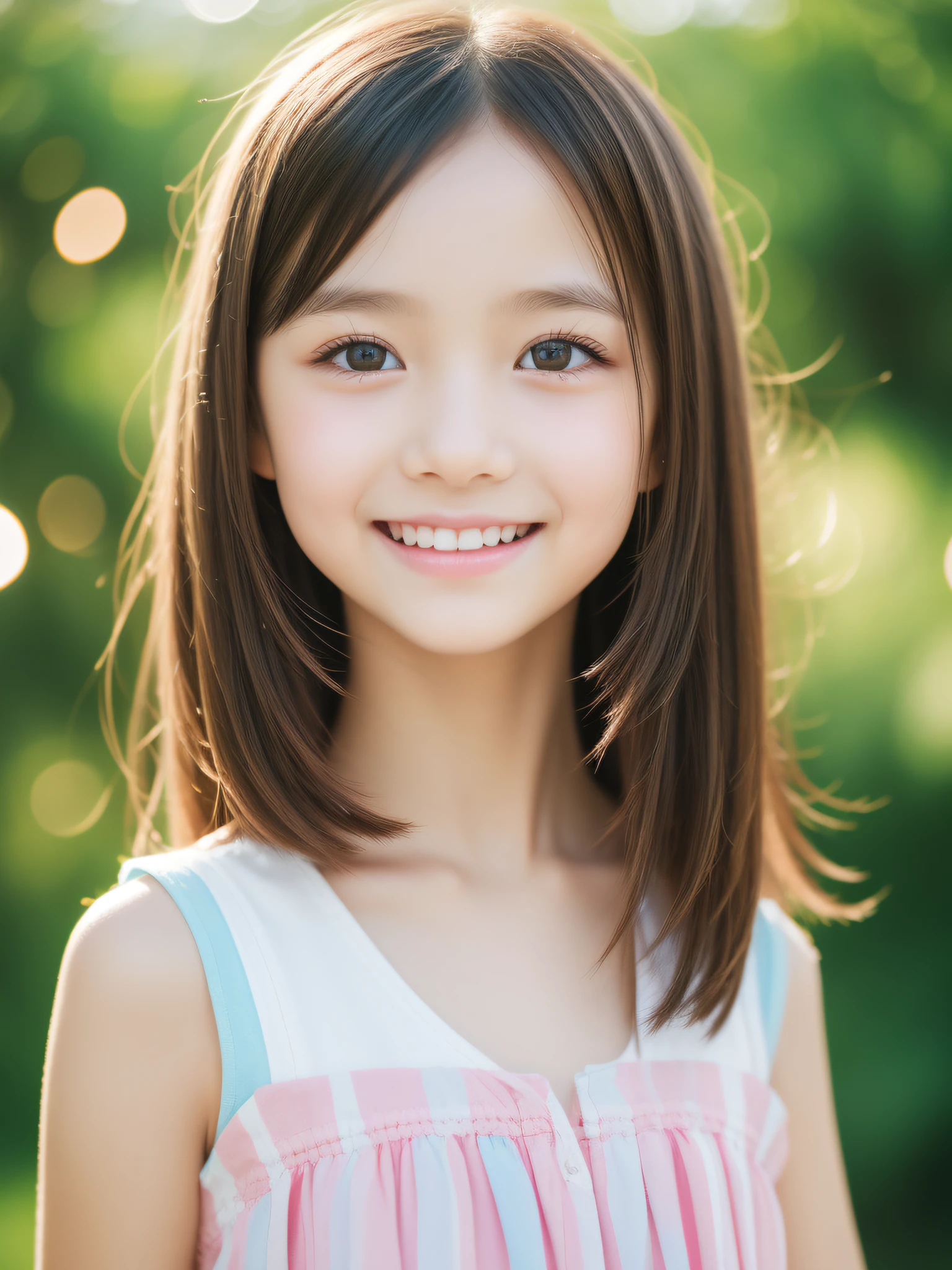 Neat and clean schoolgirl, petite person, (Cute Sleeveless Dresses), (slim, Small, Flat, Small), A dark-haired, Photorealistic, detail, Skin Texture, Ultra Detail, 鎖骨, Smile with joy, Super Detailed Face, Detailed lips, Detailed eyes, 10years old girl、Delicate eyebrows、Ball bokeh background、(Looking at the photographer)、colourfull、florals、beautiful decollete