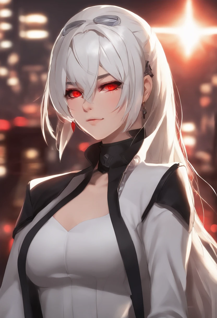 1girl, (solo), anime girl with long white hair and red eyes, girl with white hair, girl in white turtleneck, ((eyepatch)), pointed ears, ((vampire)), smirk, smug, closed mouth, cowboy shot, perfect white haired girl, white haired deity, digital cyberpunk anime art, turtleneck, lens flare, ((dramatic lighting)), soft glowing red eyes, extremely detailed, masterpiece, looking at viewer, city in background, (night)