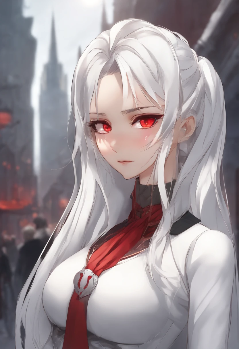 1girl, (solo), anime girl with long white hair and red eyes, girl with white hair, girl in white turtleneck, ((eyepatch)), pointed ears, ((vampire)), smirk, smug, closed mouth, cowboy shot, perfect white haired girl, white haired deity, digital cyberpunk anime art, turtleneck, lens flare, ((dramatic lighting)), soft glowing red eyes, extremely detailed, masterpiece, looking at viewer, city in background, (night)