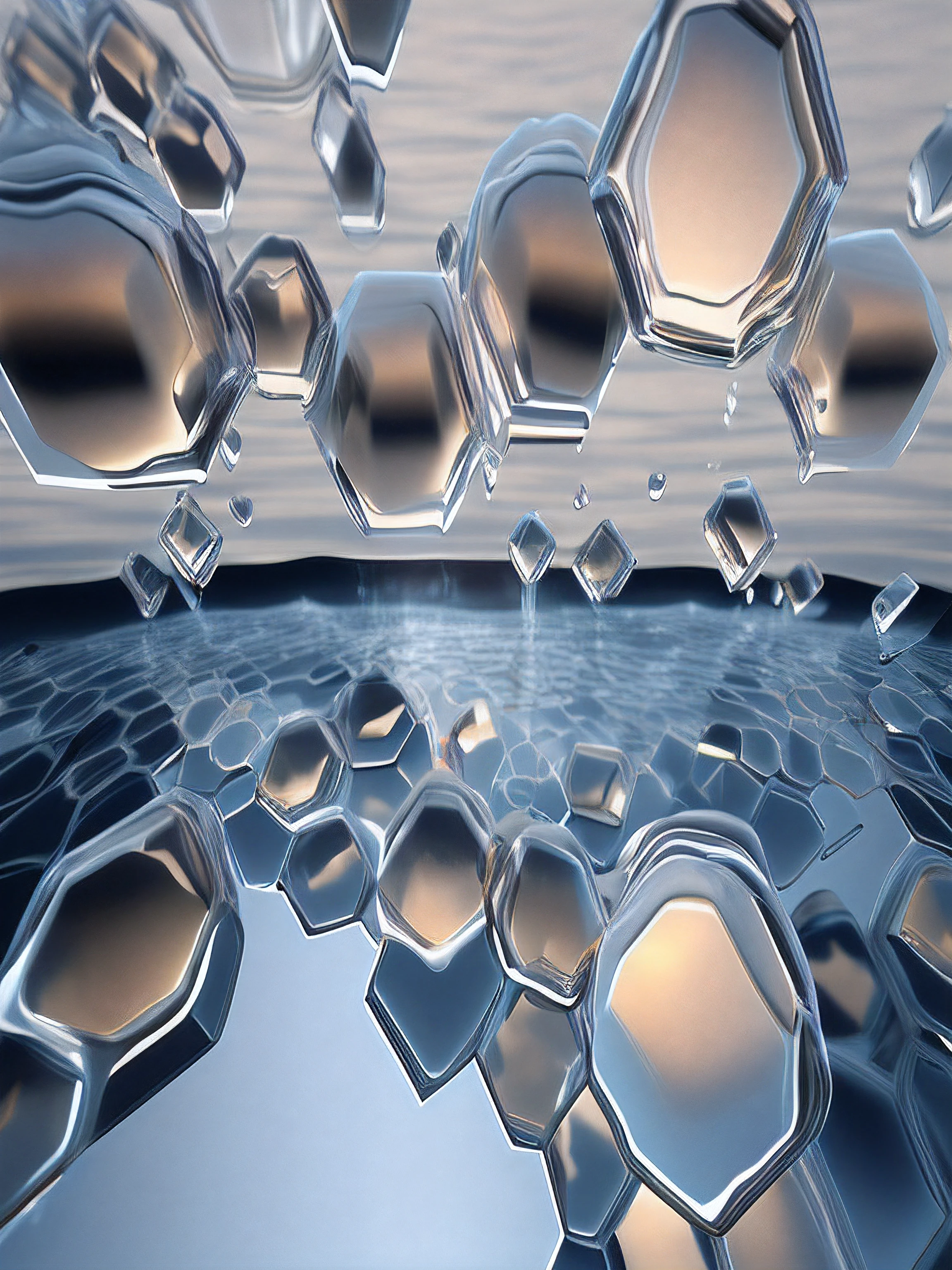 Alafid image of a pile of crushed ice floating in water, floating molecules, Caustic reflections, abstract liquid, water caustics, The sky is covered with hexagons, oil on water, Liquid metal, water particulate, reflective surface, 3 d fluid simulation render, liquid simulation, Organic liquid metal, Wet metal reflection, hexagons, liquid polished metal