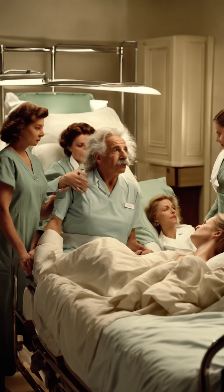 Albert Einstein on bed surround by nurses, one nurse leaning towards him, hospital bed, high quality, ultra wide shot