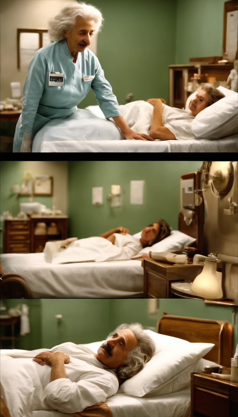 Albert Einstein on bed surround by nurses, one nurse leaning towards him, hospital bed, high quality, ultra wide shot