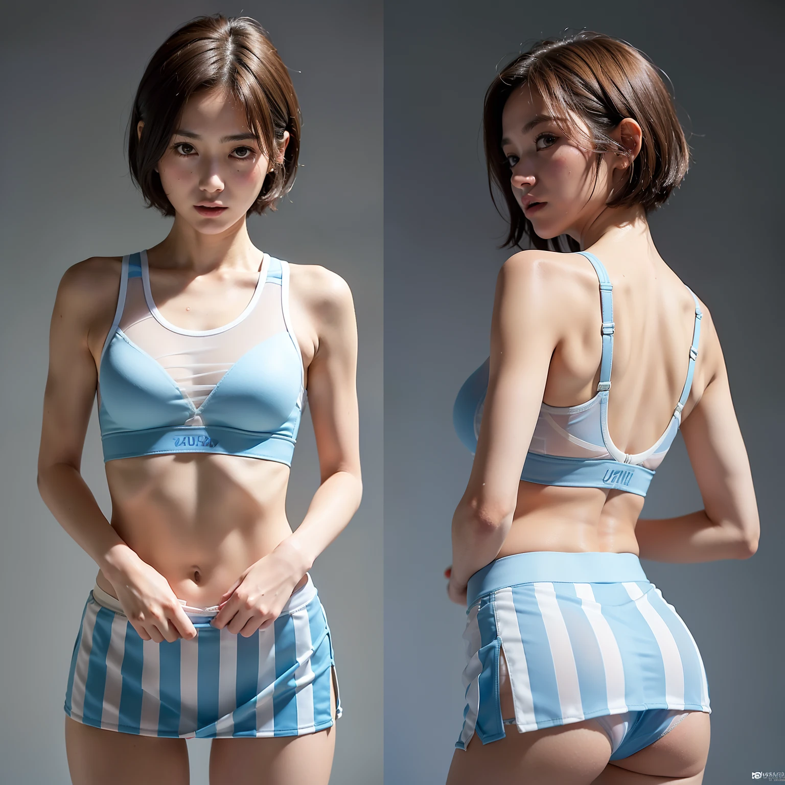 (Solo), (a detailed full-body RAW photo of a girl), (masutepiece:1.0), (Best Quality:1.4), (超A high resolution:1.2), (Photorealistic:1.4), 8K resolution, Canon EOS R5, 50 millimeters, absurderes, ultra-detailliert, (25-years old), Sharp Focus, Cinematic lighting, Detailed beautiful face, (no-makeup:1.2), (ulzzang -6500-v1.1), petite figure, Detailed skin texture, Suntan skin, flat chest, (skinny and fit body:1.6), Thigh gap, Detailed brown hair,  sweltering,(Very short hair:1.5), realistic glistening skin, (Sweating), NFSW, Heavy breathing, (small tits, Cameltoe, Erect ), (small fit Sexy see through SPORTS bra:1.5), well-developed abdomen, Blue sky, bikini tan, (Dark Santan), (flat chest:1.5),  Dynamic Pose,  (Lower Flåm), Dynamic Pose, (blue stripe mini pleated skirt:1.2), (up skirt:1.5), (skirt lift), (Stick out buttocks and look back:1.5), (Skin color that can be seen through panties:1.4), (hip fourcus:1.3)