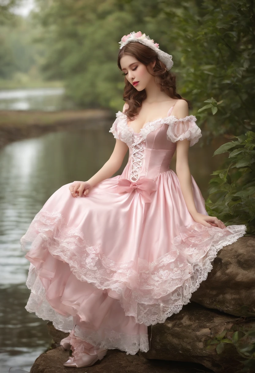 (lingerie:1.3),Pink and white dress, Takanobu Fujiwara(Takanobu Fujiwara)Digital rendering inspired by, pixiv, rococo, Victoria Gothic Lolita Fashion, Lolita Style, , rococo dress, lolita fashion, one-piece,She sat by the lake in the rain,petticoat