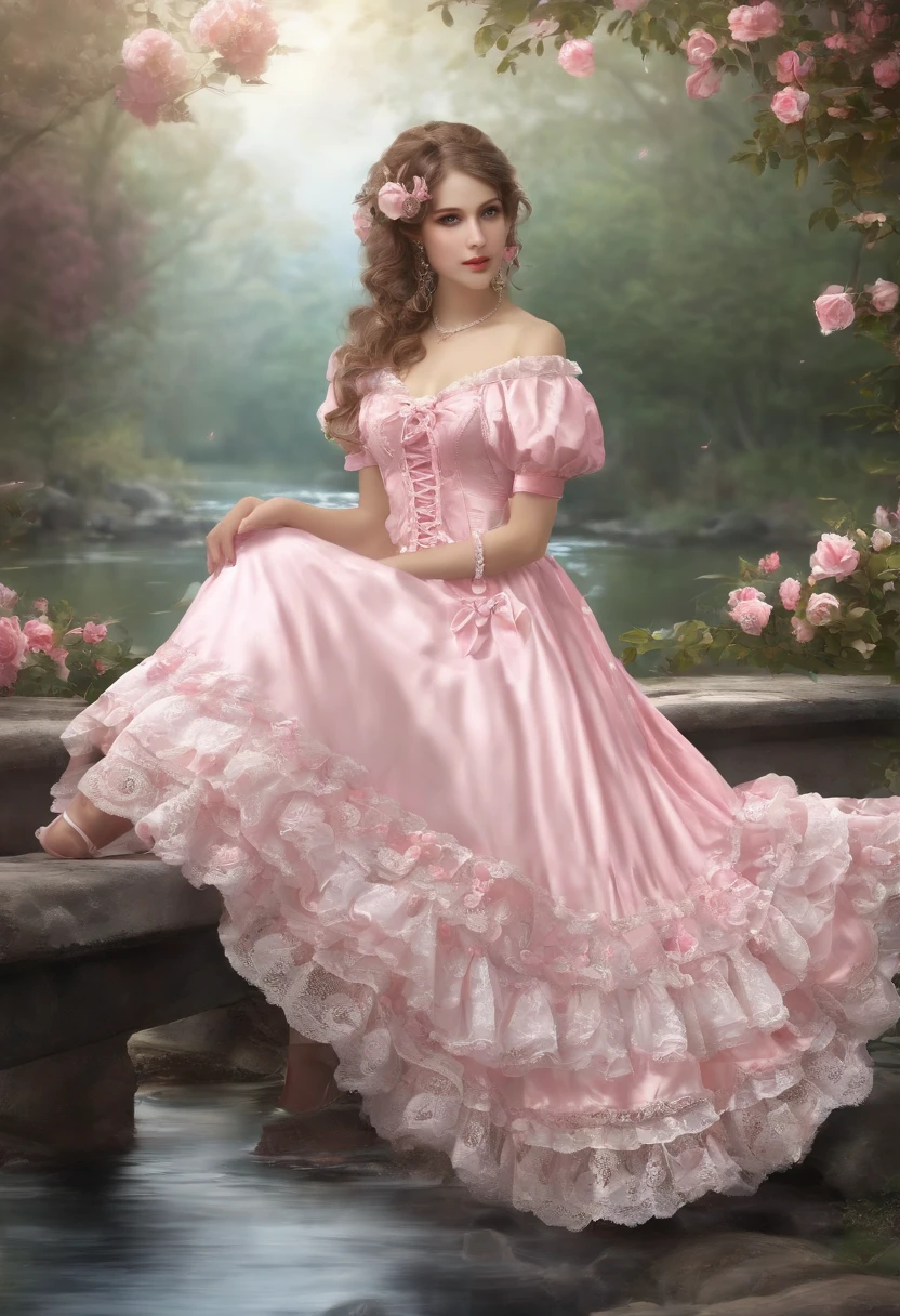 (lingerie:1.3),Pink and white dress, Takanobu Fujiwara(Takanobu Fujiwara)Digital rendering inspired by, pixiv, rococo, Victoria Gothic ta Fashion, Lolityle, , rococo dress, lolita fon, one-piece,She sat by the lake in the rain,petticoat