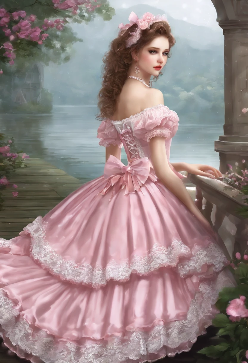 (lingerie:1.3),Pink and white dress, Takanobu Fujiwara(Takanobu Fujiwara)Digital rendering inspired by, pixiv, rococo, Victoria Gothic Lolita Fashion, Lolita Style, , rococo dress, lolita fashion, one-piece,She sat by the lake in the rain,petticoat