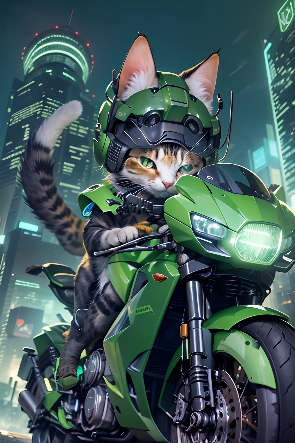 1 cat , with round-eyes, dressed in a black and green mecha, wearing a mecha helmet, holding a directional controller, riding on a motorcycle, the background is a high-tech-lighting-scene, of the future city.