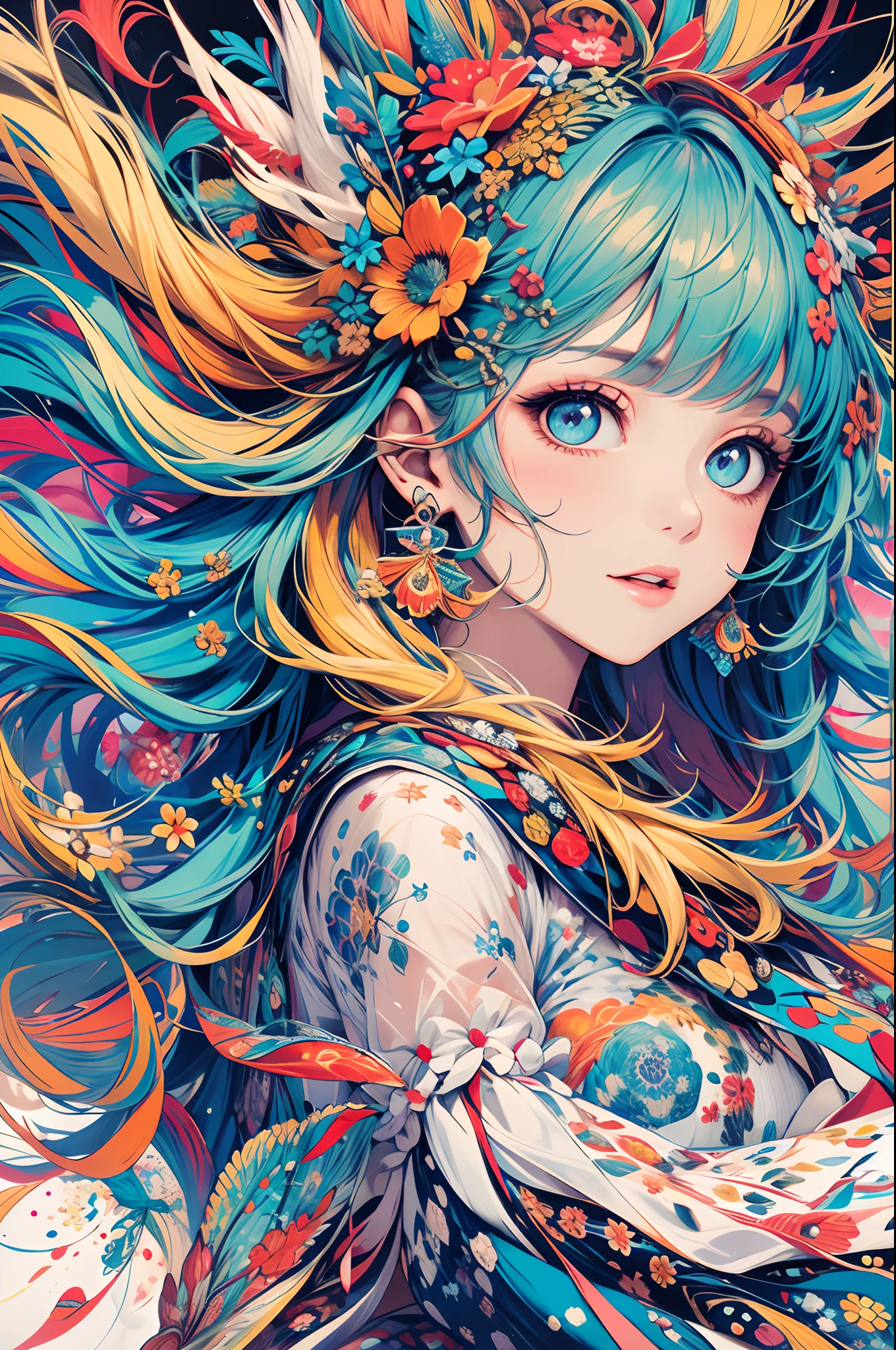 (masterpiece), best quality, expressive eyes, perfect face, a girl with an exuberant personality reflected in her truly wild and untamed hair, resembling a vibrant mane. Picture her with multicolored, vibrant hair, each hue representing an aspect of her lively spirit. Artistic vividly portray the energy and liveliness that this unique hairstyle brings to her character. Capture the essence of her individuality and the world of color that surrounds her in this energetic and visually captivating artwork. hyperdetailed illustration, highres,