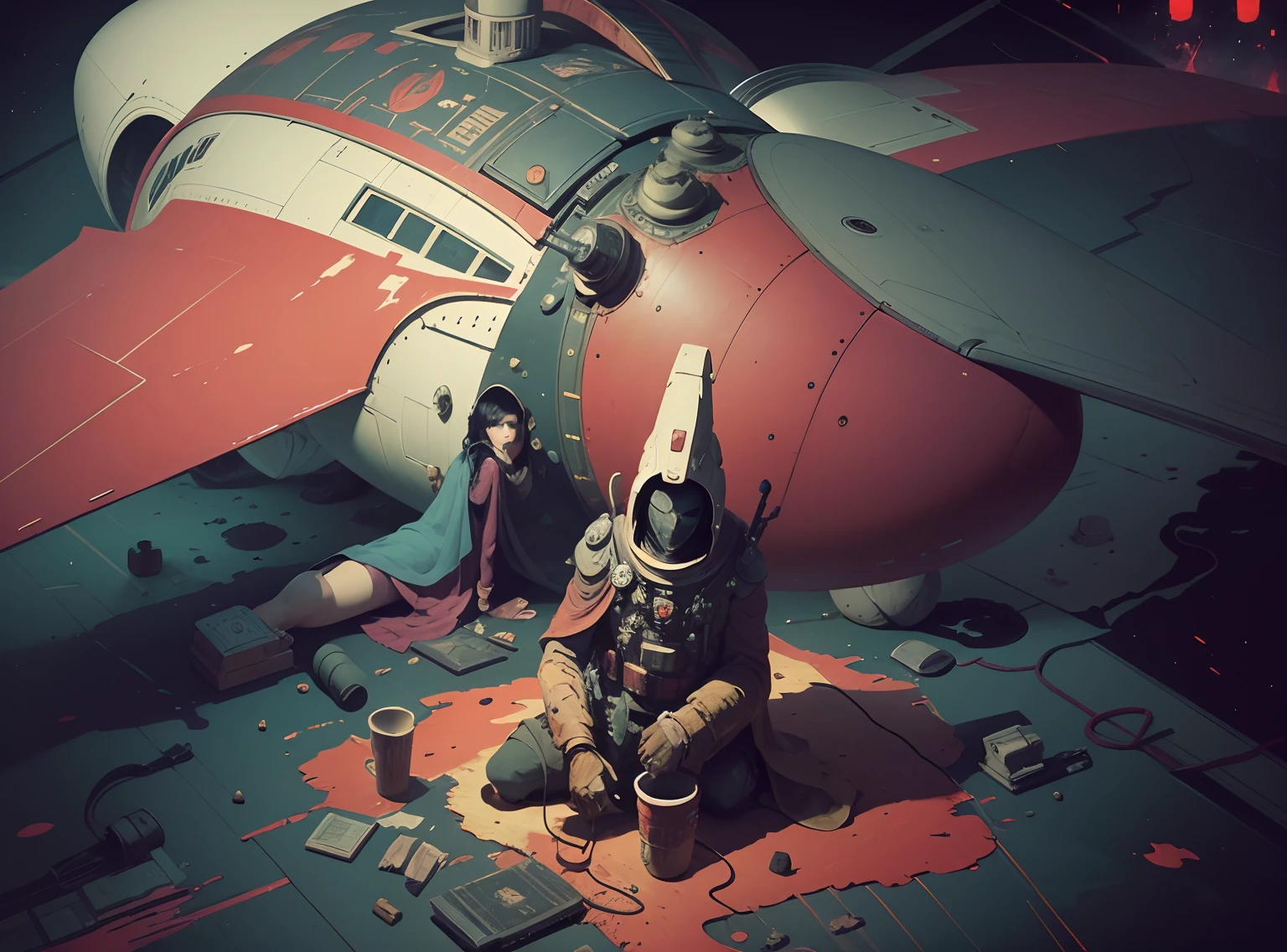 spaceship before a pink-golden planet positive black and blood-red multi color Speedpaint with large brush strokes by , Junji Ito, Ismail Inceoglu, , Gazelli, M.W. Kaluta, richard anderson, paint splatter, white and red ink, a masterpiece, 24k resolution, trending on artstation, horror, terrifying, highly detailed and intricate, in the style of Jean Giraud