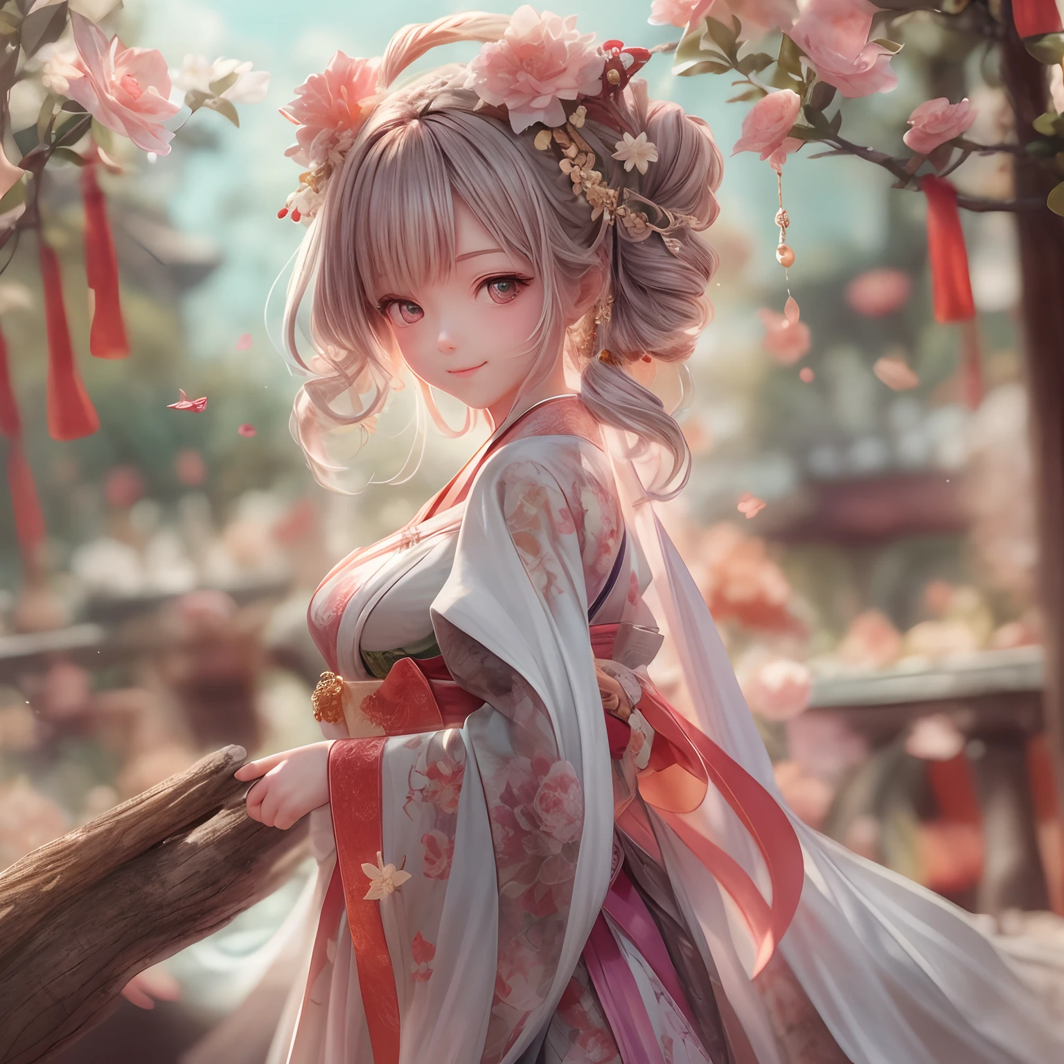 Movie Angle,(A cute single girl,anatomy correct,full bodyesbian,Masterpiece camellia,Representative work Hanfu,ssmile),(illustratio,paper art,3Drenderingof),(plethora of colors,Best quality,high detal,tmasterpiece,Cinematic lighting effects,4K,Chiaroscuro)