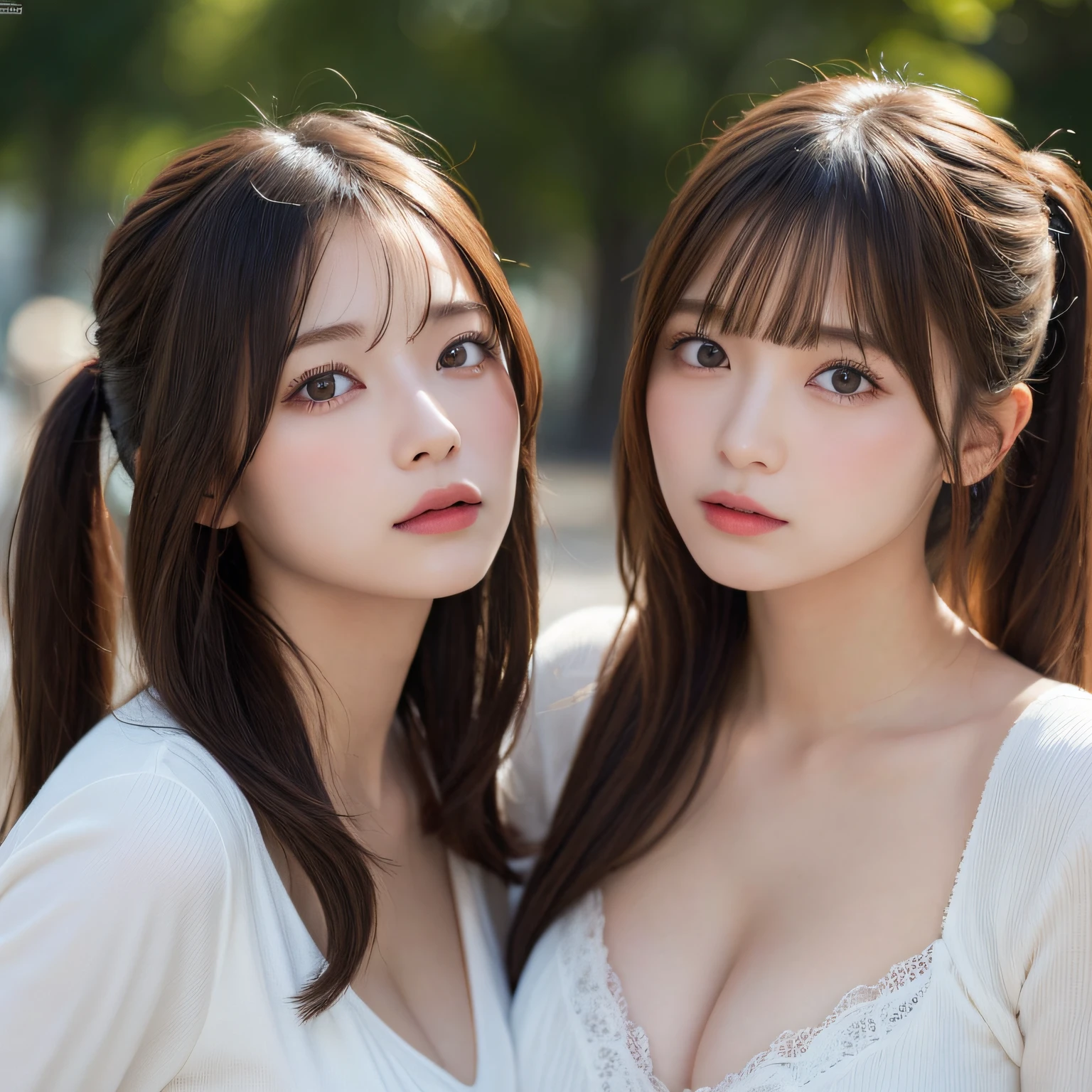 2 girls in、masutepiece, Best Quality, Illustration, Ultra-detailed, finely detail, hight resolution, 8K Wallpaper, Perfect dynamic composition, Beautiful detailed eyes, Natural Lip,blouse、 cleavage, Enhancement of beautiful breasts、,Swaying hair、twin-tail hair, Looking up at me、