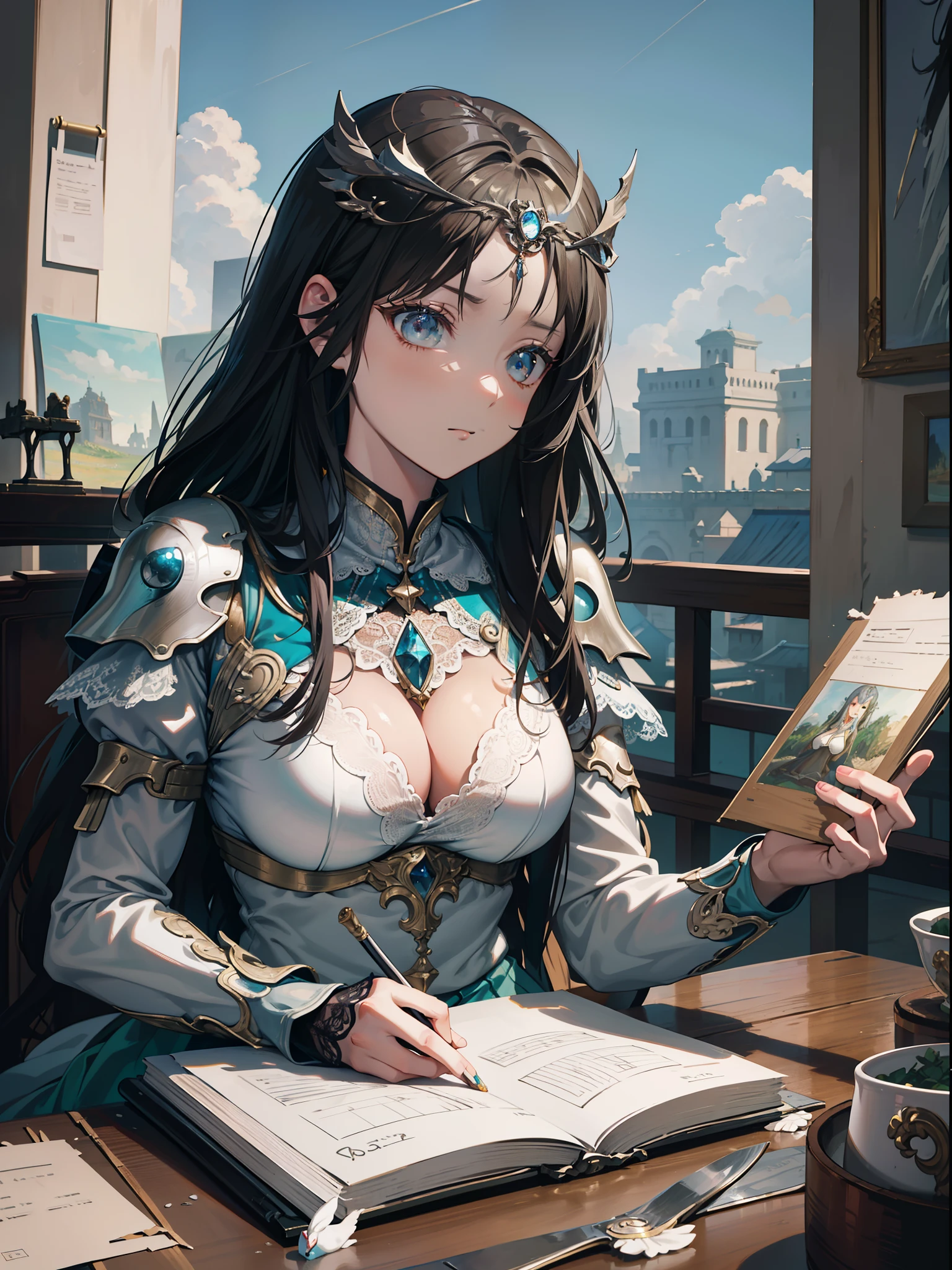 Silver hair,hentail realism, shadowing,,character sheets, reference sheet, Standing painting, 8K, Super detail, 1080p, Women's HD,femele, 16k, high resolution, Best quality, High quality, Anatomically correct, Masterpiece, ccurate, hyper HD,As graceful as a swan,unreal-engine, Ghibli-like colors, anime big breast, Standing painting, angle of view,battle armor,ssee-through,Lace skirt,Fluorescence behind it