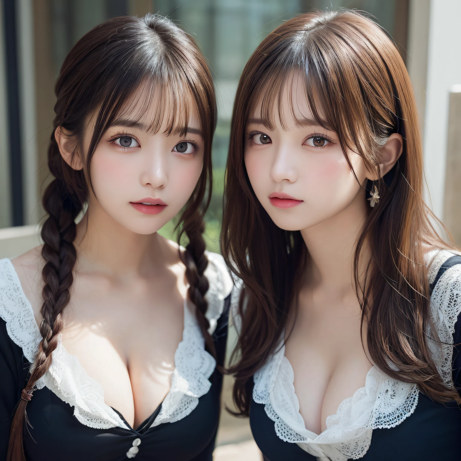 2 girls in、masutepiece, Best Quality, Illustration, Ultra-detailed, finely detail, hight resolution, 8K Wallpaper, Perfect dynamic composition, Beautiful detailed eyes, Natural Lip,blouse、 cleavage, Enhancement of beautiful breasts、,Swaying hair、twin-tail hair, Looking up at me、