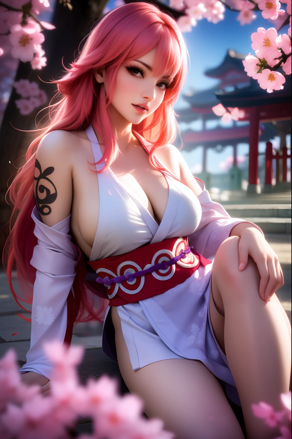 masterpiece, (photorealistic:1.5), best quality, beautiful lighting, real life,
nami \(one piece\),
1girl, architecture, cherry blossoms, east asian architecture, falling petals, gold, japanese clothes, kimono, log pose, long pink hair, looking at viewer, open mouth, pink hair, petals, shoulder tattoo, solo, tattoo, teeth, upper teeth only
, intricate, high detail, sharp focus, dramatic, beautiful girl , (RAW photo, 8k uhd, film grain), caustics, subsurface scattering, reflections