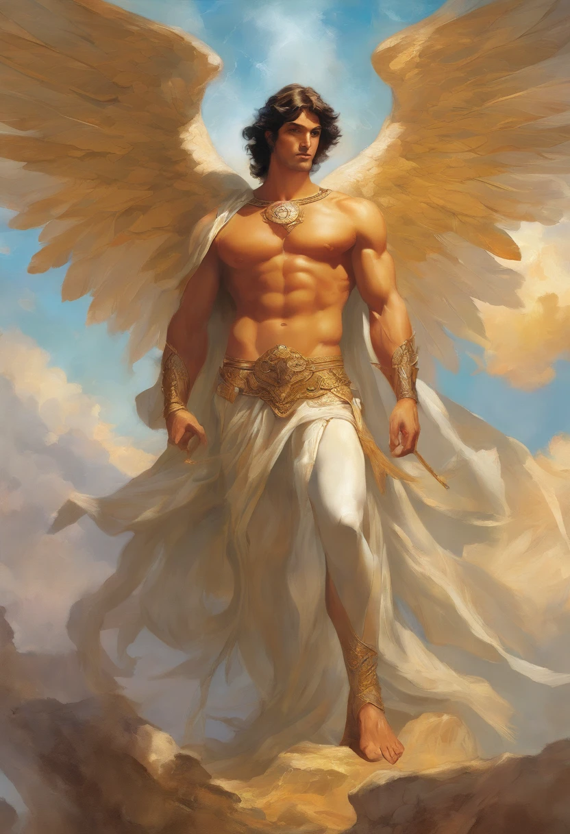 a painting of an angel man, with a beautiful face,((muscular body of man, sculptural body, strong,well-turned and muscular legs)), ((The rcanjo Miguel)), ((with several huge wings)), ((angel wings)), various positions, full body man, Frank Kelly Freas, Karol Bak style, best quality,32k ultra quality, quality of parade paper, film image,  Classic 8K