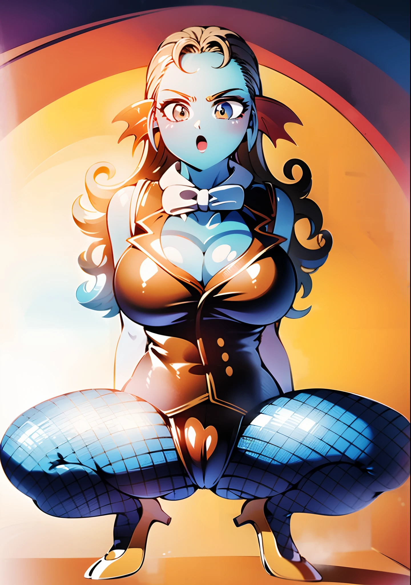 8K, High Definition, Animated, married woman, Beautiful, a small face, clean, Bright, Eye Highlights, Sexy, Erotic, beautiful line art.
light blue skin, Blue and orange gradient ear fins, Black Bunny Girl, Bunny suit, Red underwear pants, Glossy outfit, Net tights on the legs, Crouching posture,