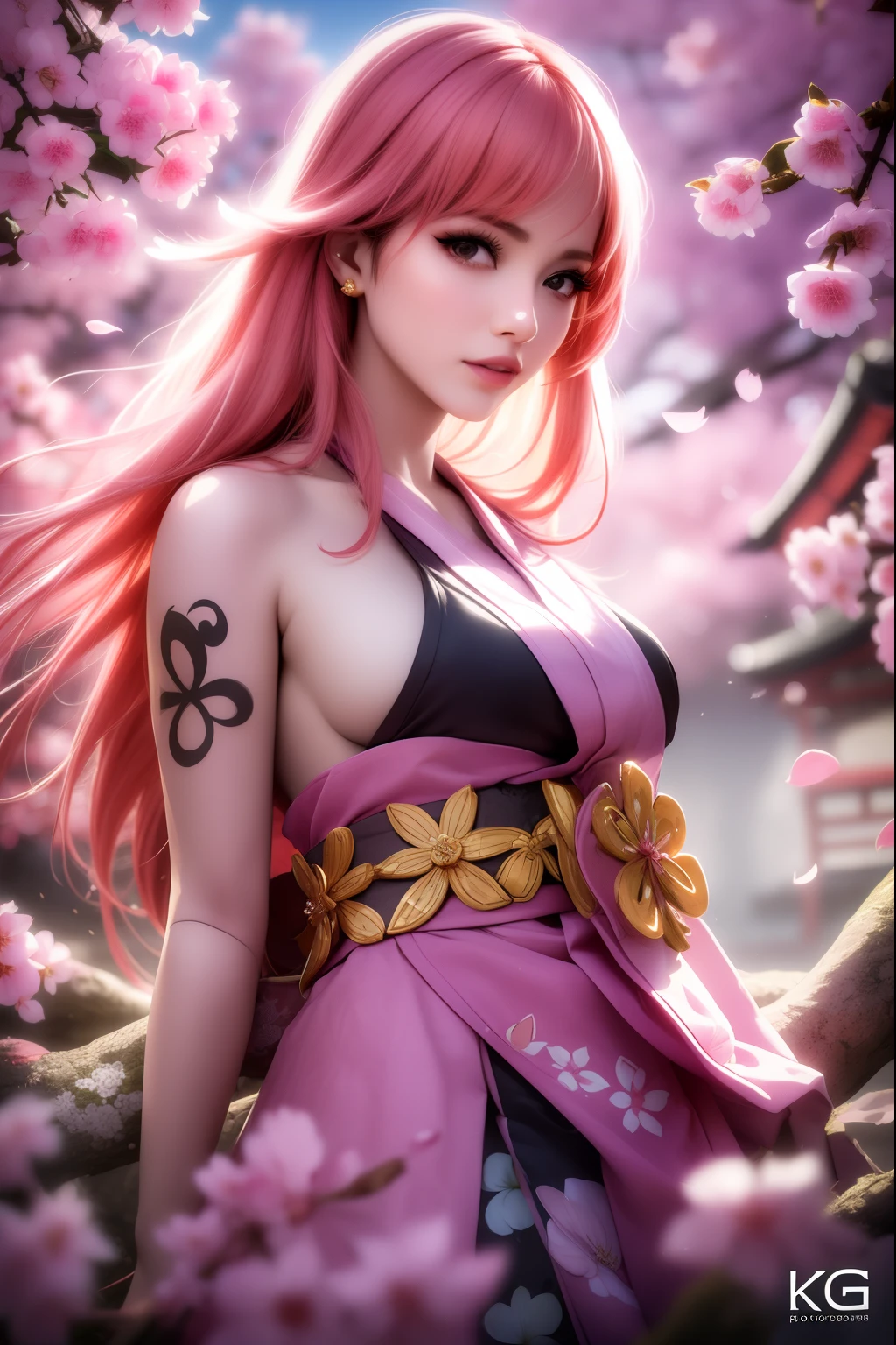 masterpiece, (photorealistic:1.5), best quality, beautiful lighting, real life,
nami \(one piece\),
1girl, architecture, cherry blossoms, east asian architecture, falling petals, gold, japanese clothes, kimono, log pose, long pink hair, looking at viewer, open mouth, pink hair, petals, shoulder tattoo, solo, tattoo, teeth, upper teeth only
, intricate, high detail, sharp focus, dramatic, beautiful girl , (RAW photo, 8k uhd, film grain), caustics, subsurface scattering, reflections