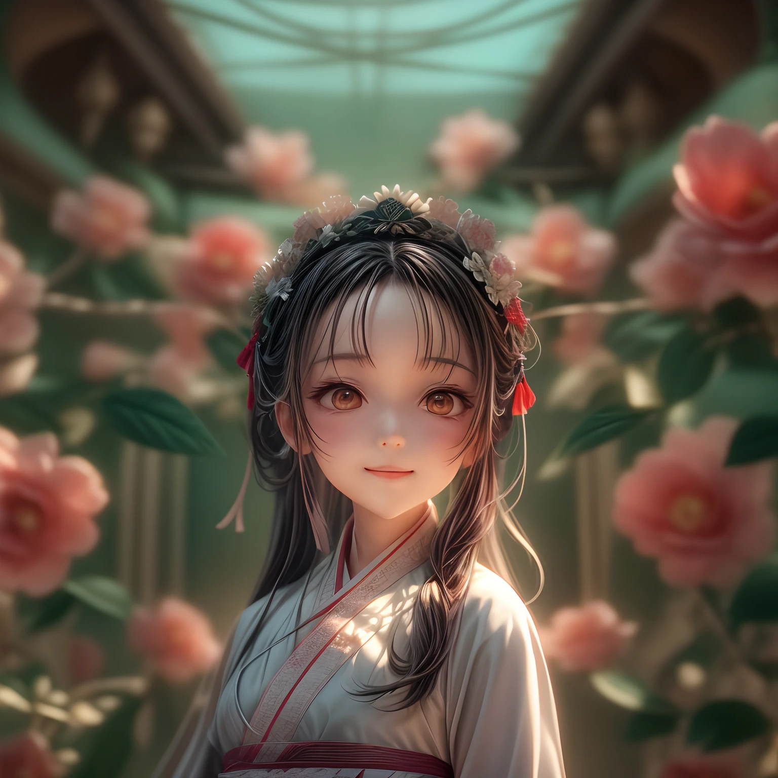 Angle,(A cute girl,Single,anatomy correct,full bodyesbian,Masterpiece camellia,Masterpiece Hanfu,ssmile),(illustratio,paper art,3Drenderingof),(plethora of colors,Best quality,high detal,tmasterpiece,Cinematic lighting effects,4K,Chiaroscuro)
