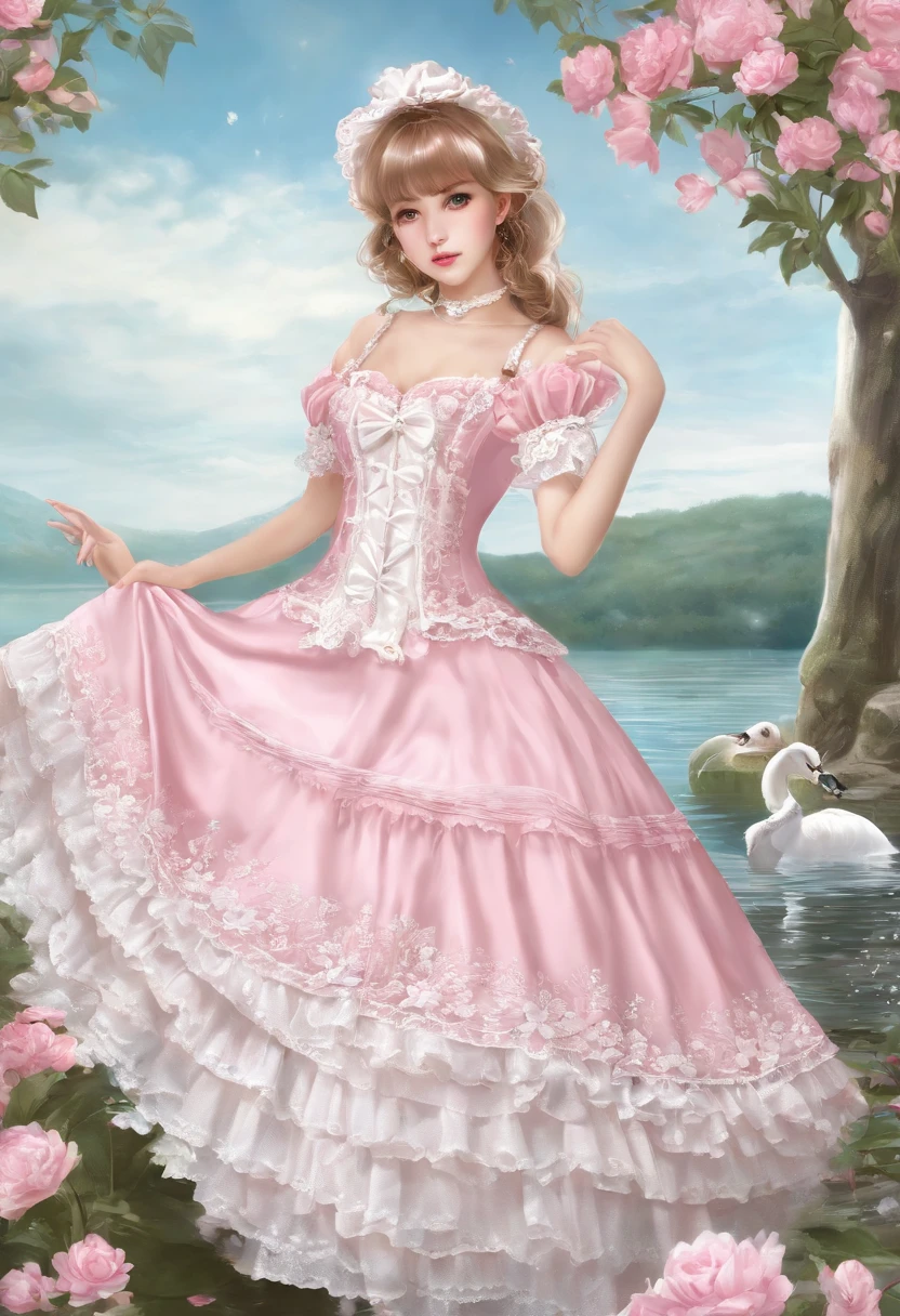 (lingerie:1.3),Pink and white dress, Takanobu Fujiwara(Takanobu Fujiwara)Digital rendering inspired by, pixiv, rococo, Victoria Gothic Lolita Fashion, Lolita Style, , rococo dress,  lolita fashion, one-piece,She is swimming in the lake in a dress,petticoat