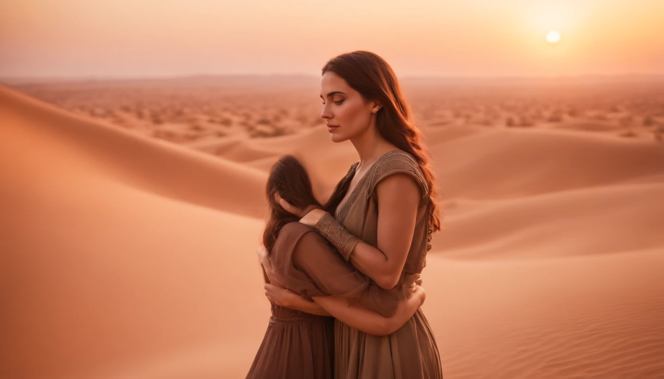Two woman in a desert, old testament era at sunset