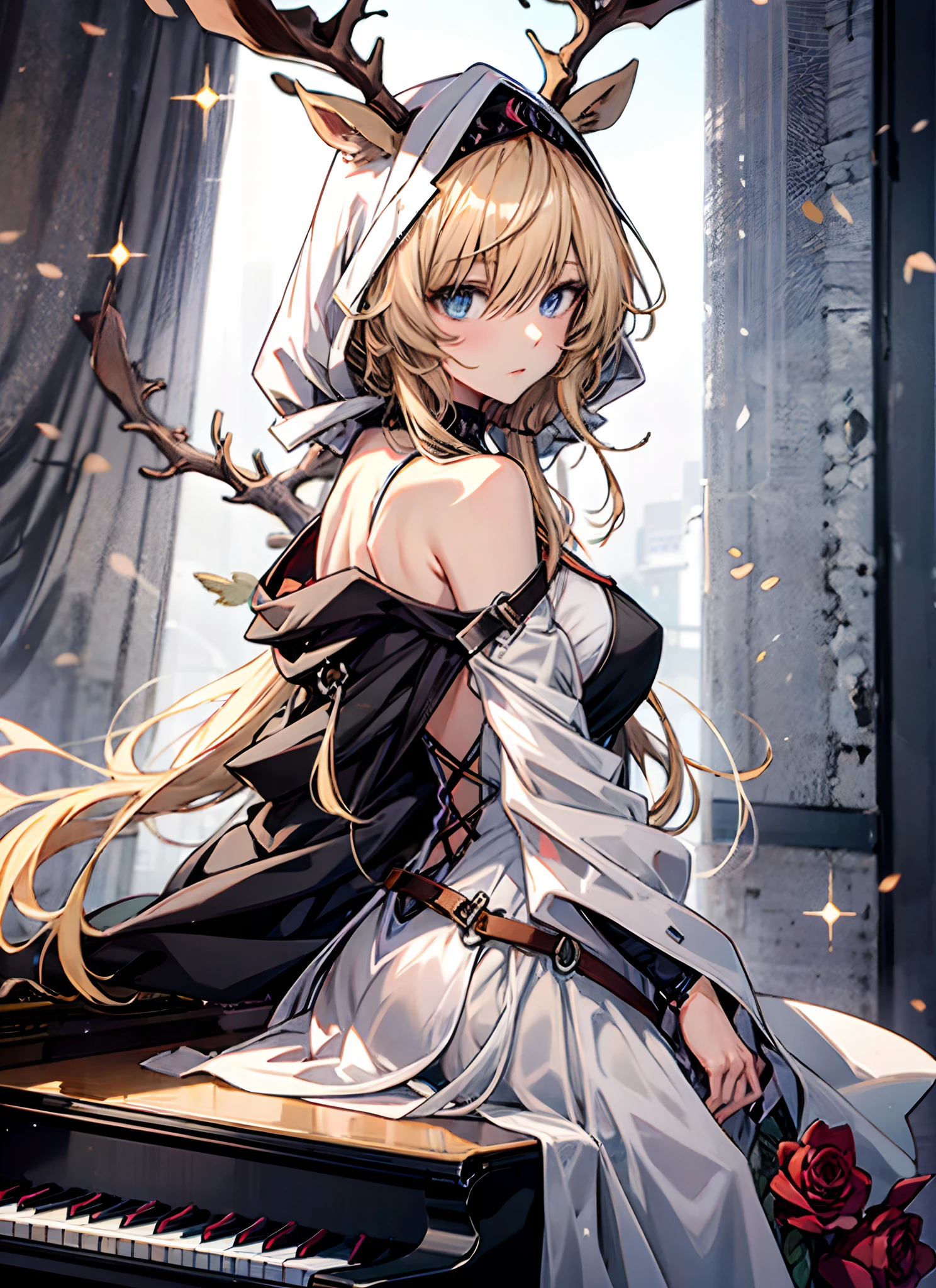 1girll， 独奏， long whitr hair， pianos， music instrument， 黑The eye， shift dresses， white dresses， Pale blonde hair， looking at viewert， light particules， Keep one's mouth shut， inside in room， jewely， 无袖， bare shoulders​， By bangs， From the side Side， Headrest on the piano， tilt of the head， black roses， beatiful detailed eyes， detailed back ground，