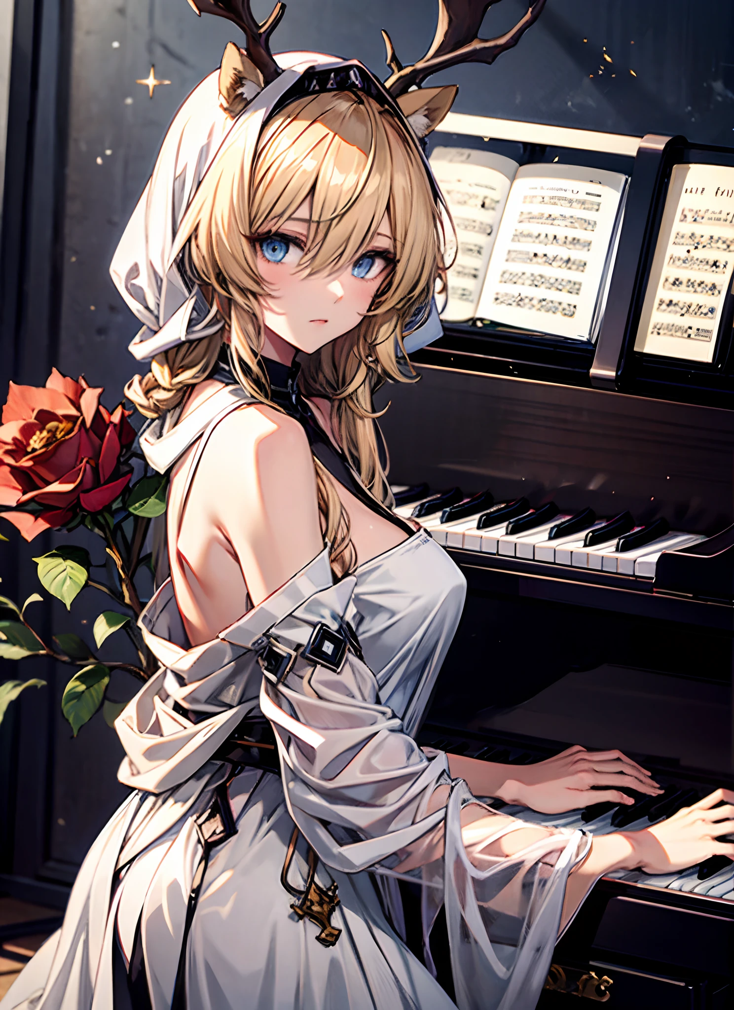 1girll, 独奏, long whitr hair, pianos, music instrument, 黑The eye, shift dresses, white dresses, Pale blonde hair, looking at viewert, light particules, Keep one's mouth shut, inside in room, jewely, 无袖, bare shoulders, By bangs, From the side Side, Headrest on the piano, tilt of the head, black roses, beatiful detailed eyes, detailed back ground,