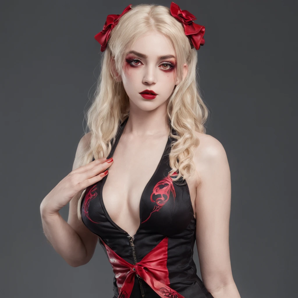 Girl in iconic outfit of bondage gothic ta swimsuit,（Images showing the whole body），（（Beautiful blonde hair）），（（Red eyes））