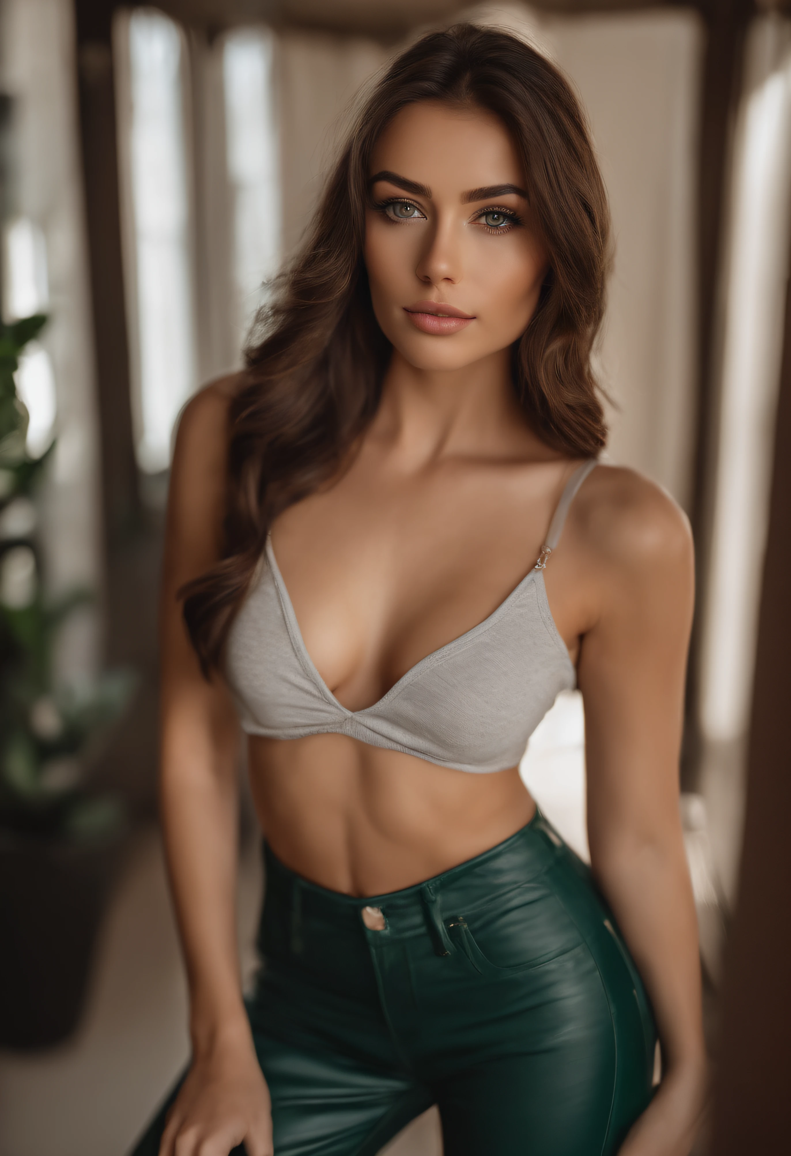 arafed woman with a white tank top and a necklace, sexy girl with green eyes, portrait sophie mudd, brown hair and large eyes, selfie of a young woman, bedroom eyes, violet myers, without makeup, natural makeup, looking directly at the camera, face with artgram, subtle makeup, stunning full body shot, piercing green eyes, beautiful angle, attractive pose, cute girl, sexy pose, full body picture, full body, full body shoot, brunette goddess, high detail, satisfied pose, leather pants, on a motorcycle