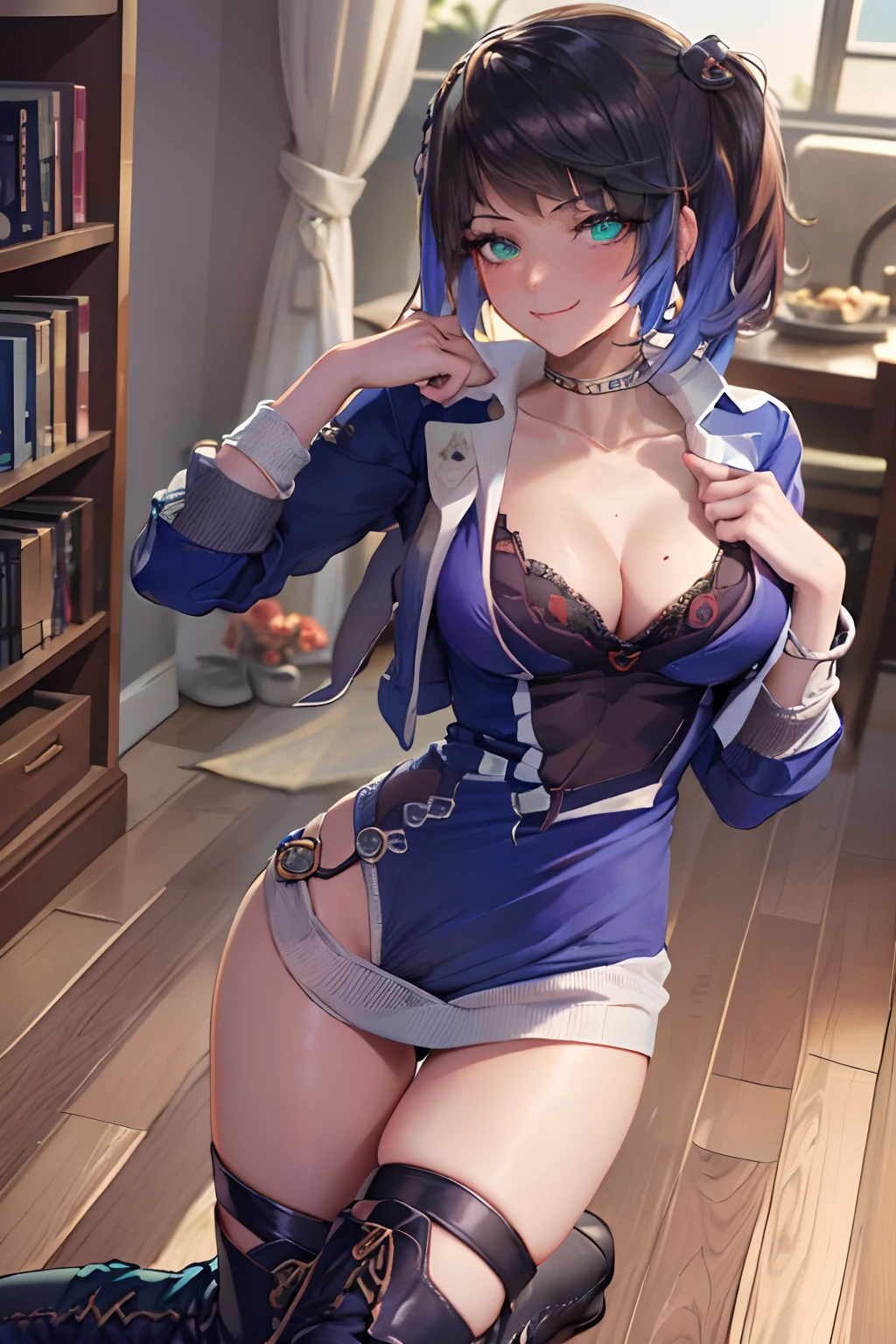 masterpiece, best quality, YelanV4, 1girl, solo, looking at viewer, blush, smile, large breasts, cleavage, green eyes, ((blue sweater, black legwear, ankle boots, boots:1.3)), couch, coffee, holding cup, ((hands on hip)), pelvic curtain, mole on breast, vision (genshin impact), cowboy shot