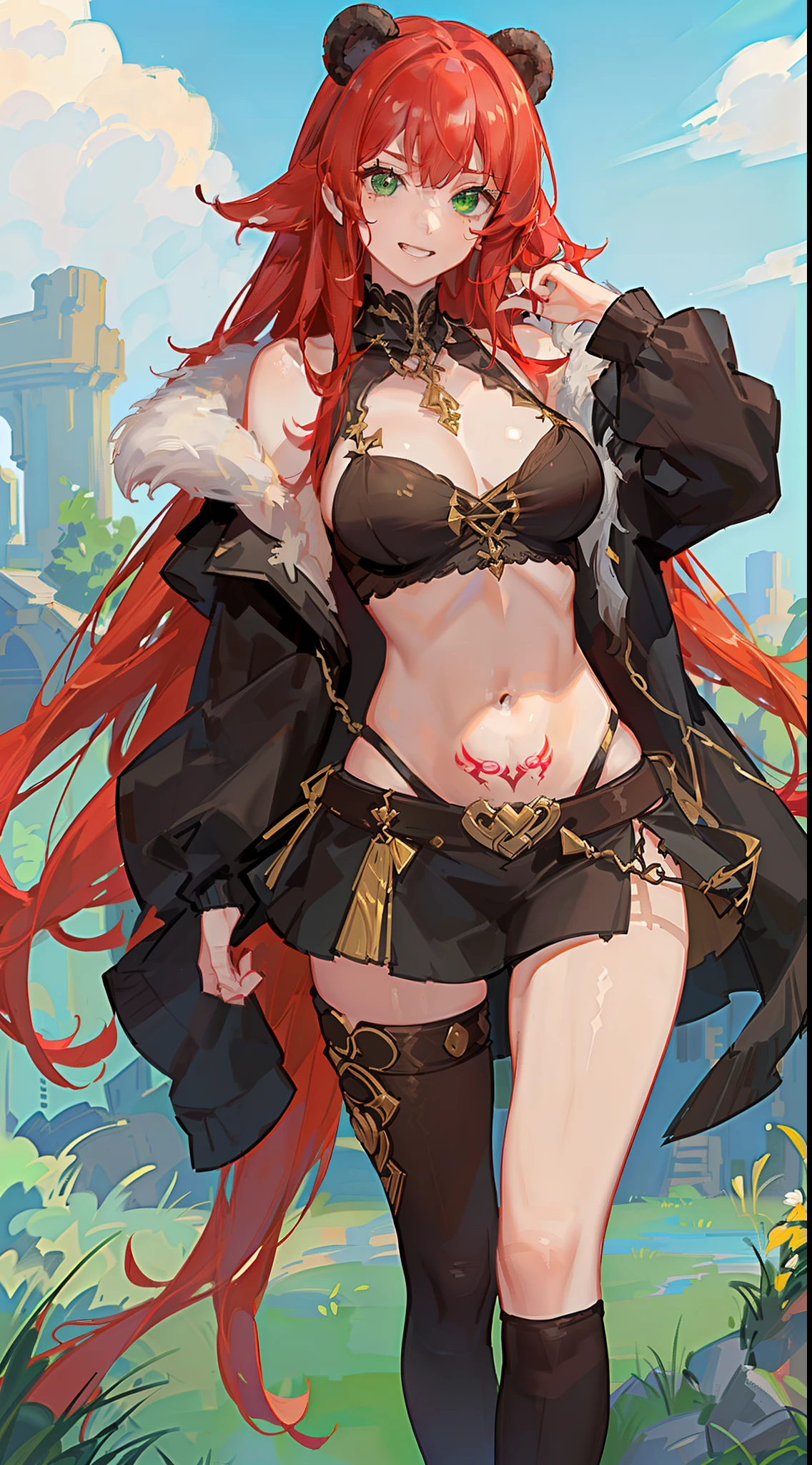 young girl, long curly red hair, Green eyes, large breasts, musculature, barbarian, Smile, teeth, Futhark tattoo, Dressed in a bearskin, sleeves, open belly, open breasts, Masterpiece, hiquality, 4k, HD, Good detail