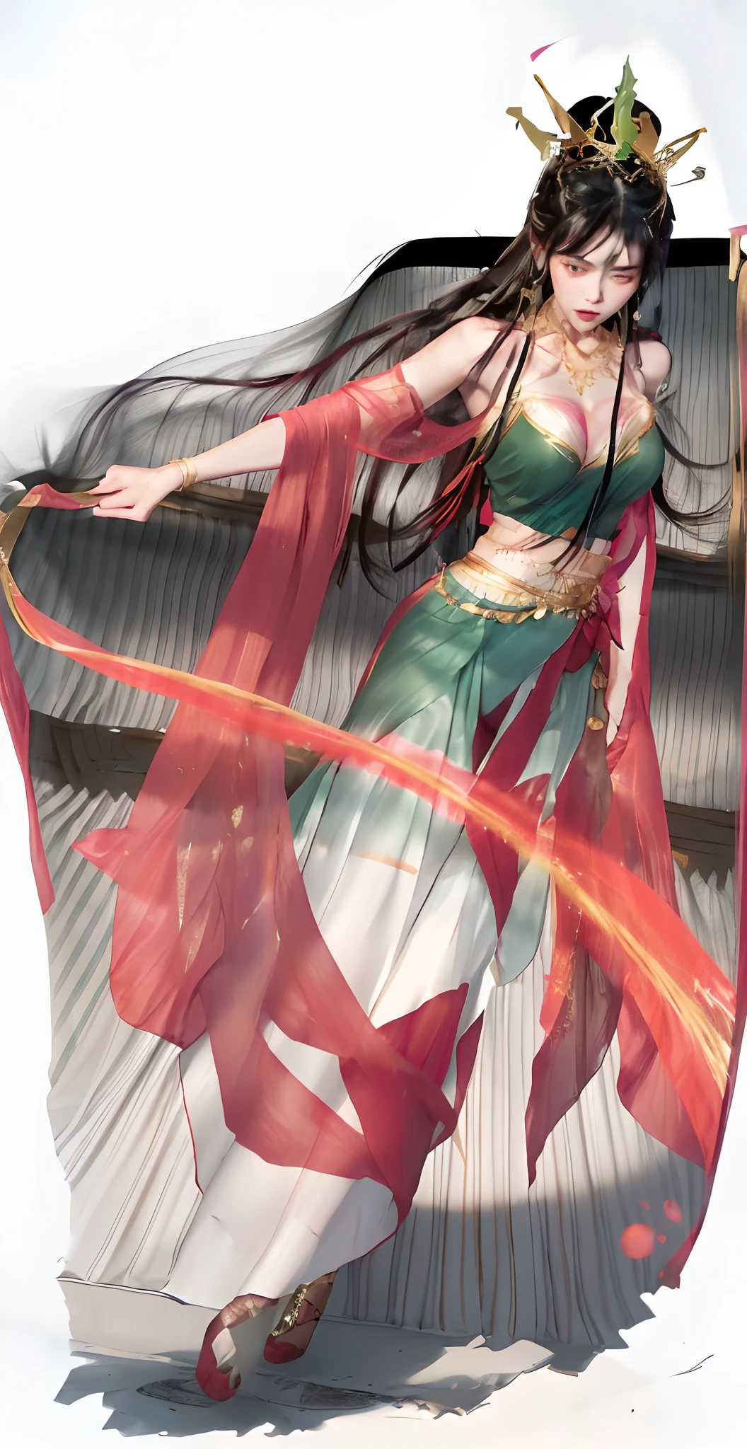 Black hair, crown, shawl in hand, dark green dress half-breasted, big breasts, belly button, skirt around the waist, green and white skirt with gold stripes at the waist, red stripe magic particles, (ultra realistic), (ultra details).