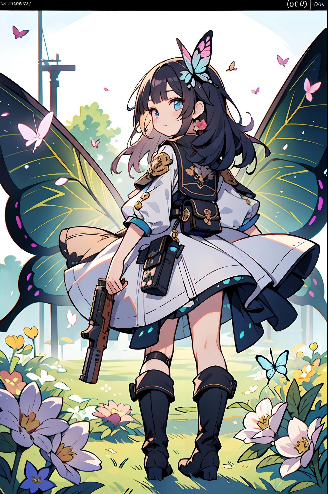 Octane Render、(Hyper-detailing: 1.15)、cinematic lightening、Taken from behind、Cute Fantasy Princess、Handgun shooting practice、Fine Pattern Pistol,long boots、ultradetailed eyes、Full Paint、(Floral hair ornament、butterfly hair ornament)、masutepiece、Anatomically correct、blur、depth of fields