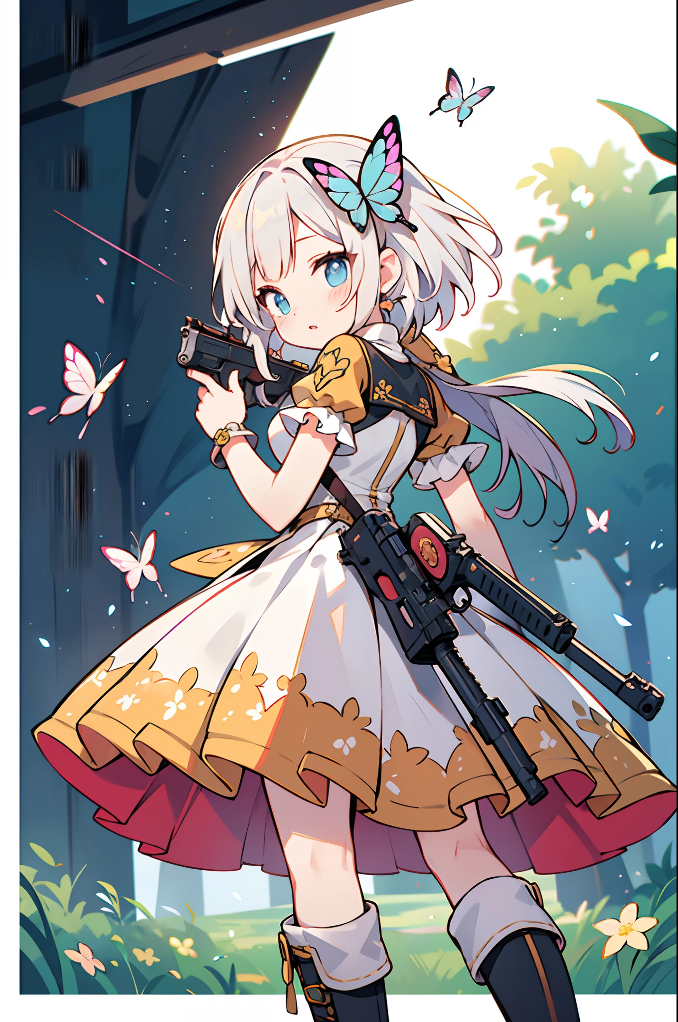 Octane Render、(Hyper-detailing: 1.15)、cinematic lightening、Taken from behind、Cute Fantasy Princess、Handgun shooting practice、Fine Pattern Pistol,long boots、ultradetailed eyes、Full Paint、(Floral hair ornament、butterfly hair ornament)、masutepiece、Anatomically correct、blur、depth of fields