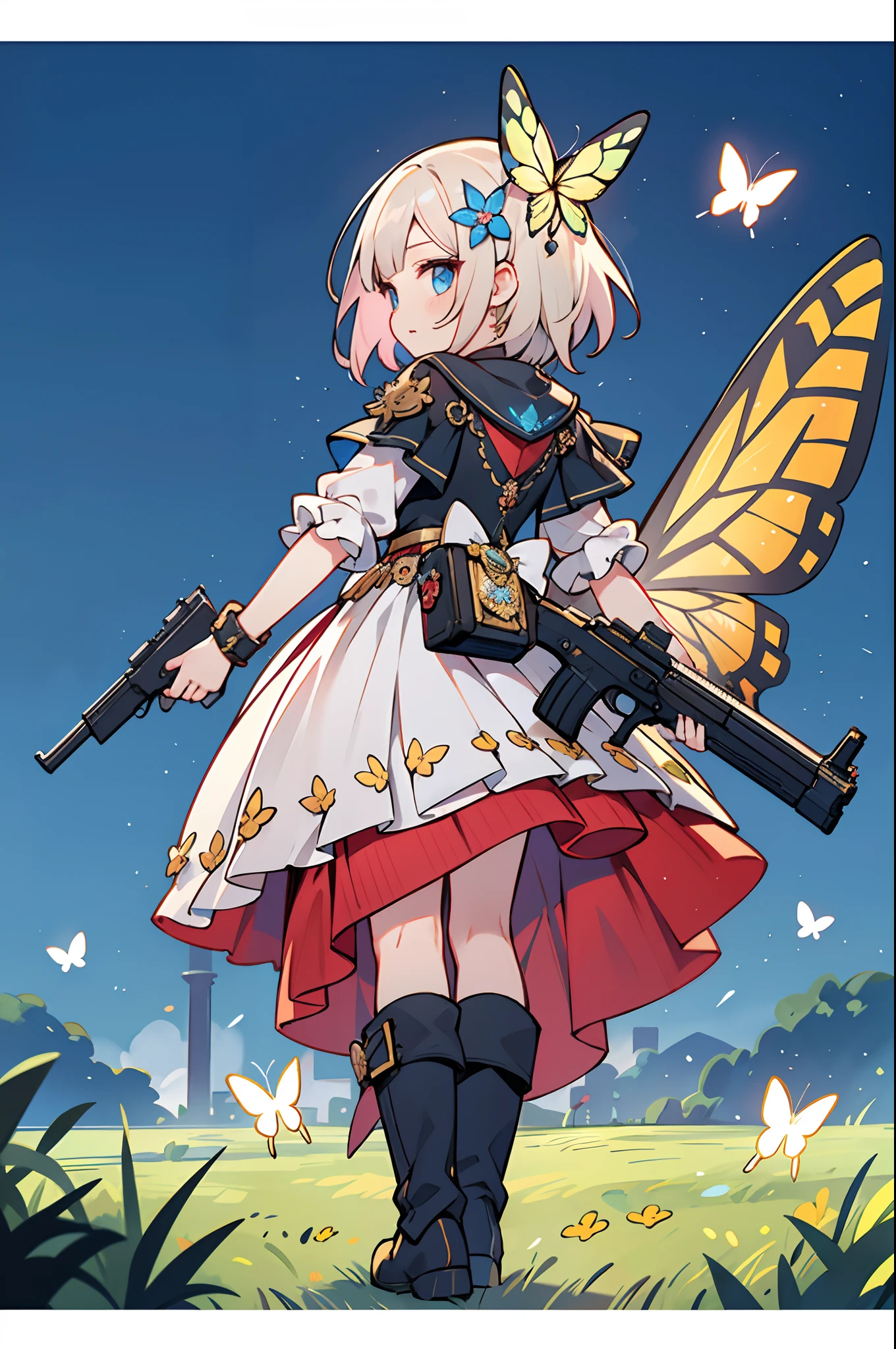 Octane Render、(Hyper-detailing: 1.15)、cinematic lightening、Taken from behind、Cute Fantasy Princess、Handgun shooting practice、Fine Pattern Pistol,long boots、ultradetailed eyes、Full Paint、(Floral hair ornament、butterfly hair ornament)、masutepiece、Anatomically correct、blur、depth of fields