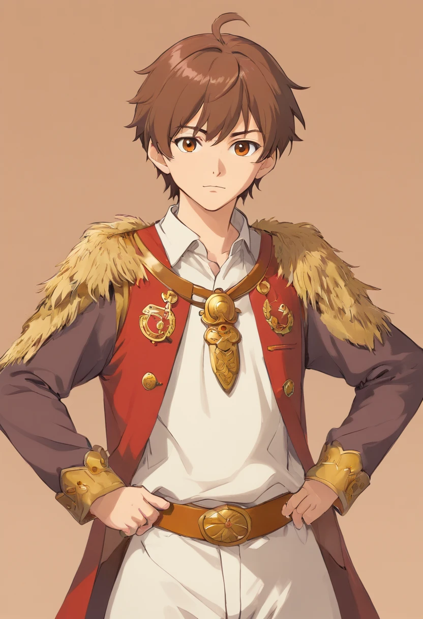 Ottoman cavalry dress,young male,shoun,Noble boy,white pantie,Deerskin booties,with short brown hair,Sepia pupils,white backgrounid,Delicate facial features