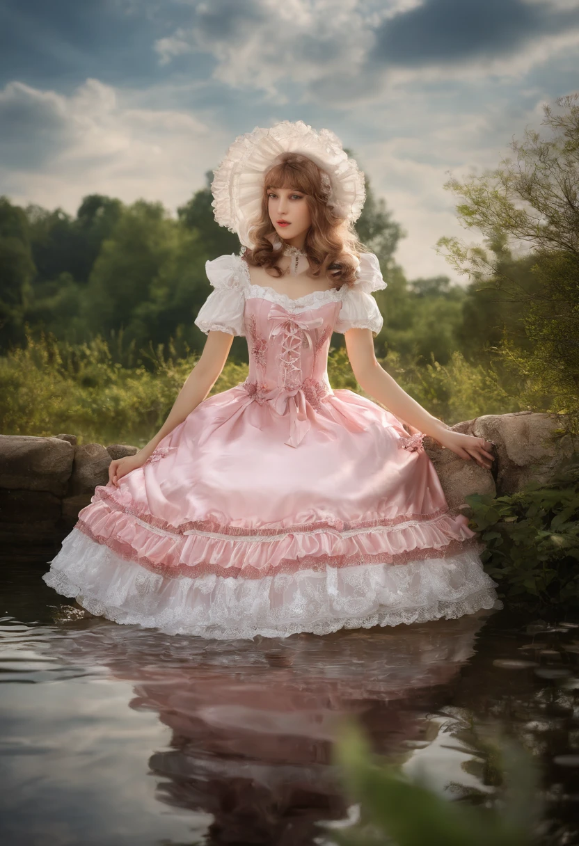 (lingerie:1.3),Pink and white dress, Takanobu Fujiwara(Takanobu Fujiwara)Digital rendering inspired by, pixiv, rococo, Victoria Gothic Lolita Fashion, Lolita Style, , rococo dress, lolita fashion, one-piece,She is swimming in the lake in a dress,petticoat