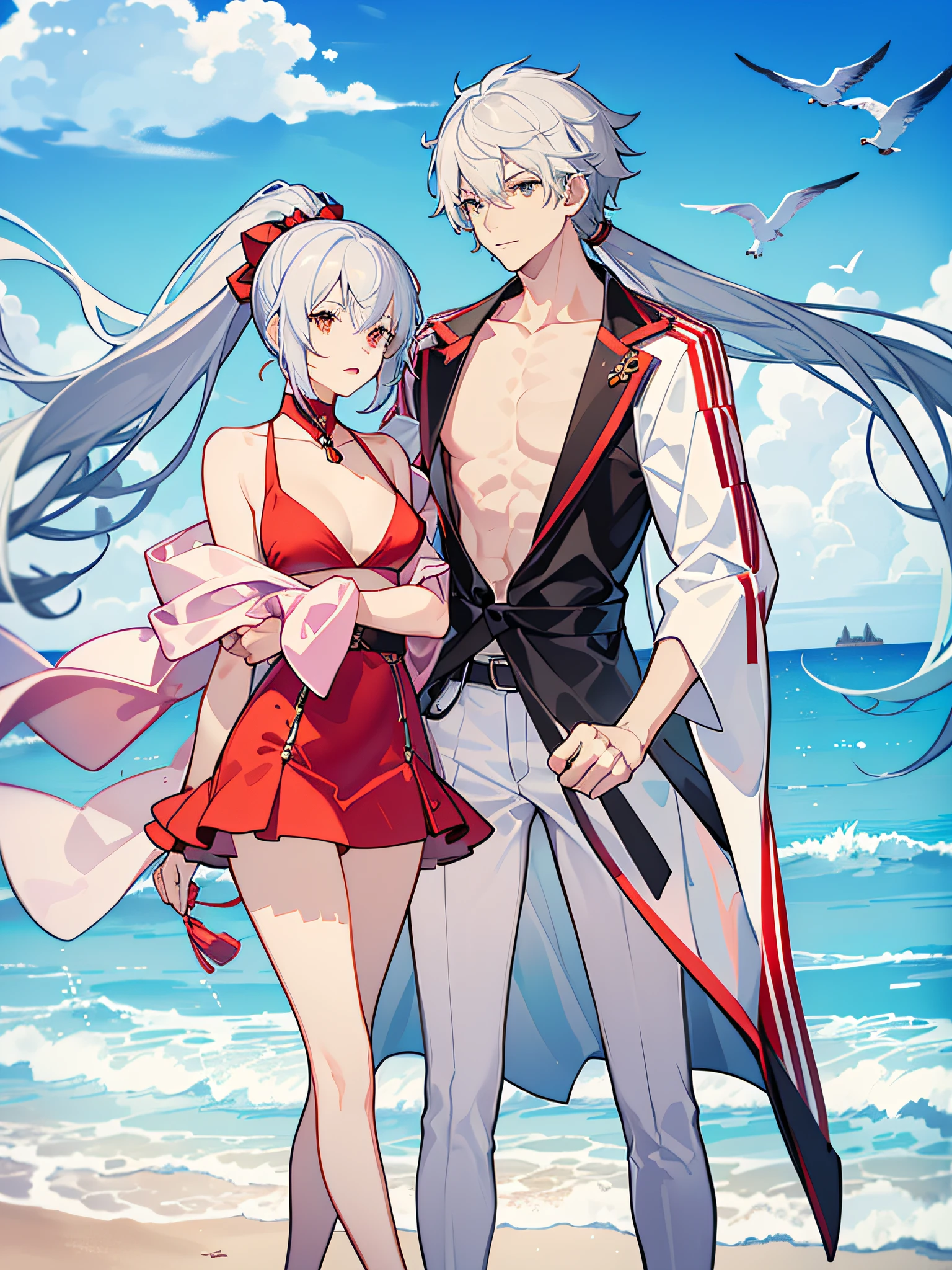 2 people,((1 male 1 female)), ((male with short dark blue hair with red strip hair and red gradient), (bare chest), (topless), (muscle), (transparent robe hanging on shoulder), ((female with white hair with high ponytail)),(bikini), meticulous bikini, ((high quality)), (extremely detailed), walking side by side, male staring at the sea, female staring at the male, beach background, 8k, 4k, inspired by Asukaziye