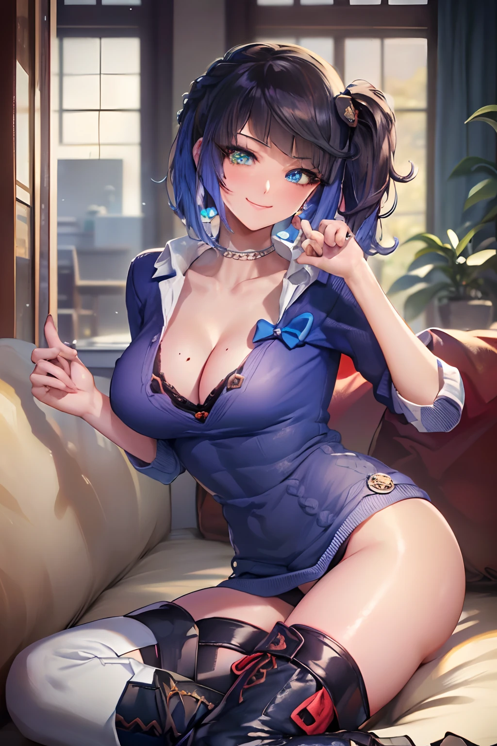 masterpiece, best quality, YelanV4, 1girl, solo, looking at viewer, blush, smile, large breasts, cleavage, green eyes, ((blue sweater, black legwear, ankle boots, boots:1.3)), couch, coffee, holding cup, ((hands on hip)), pelvic curtain, mole on breast, vision (genshin impact), cowboy shot