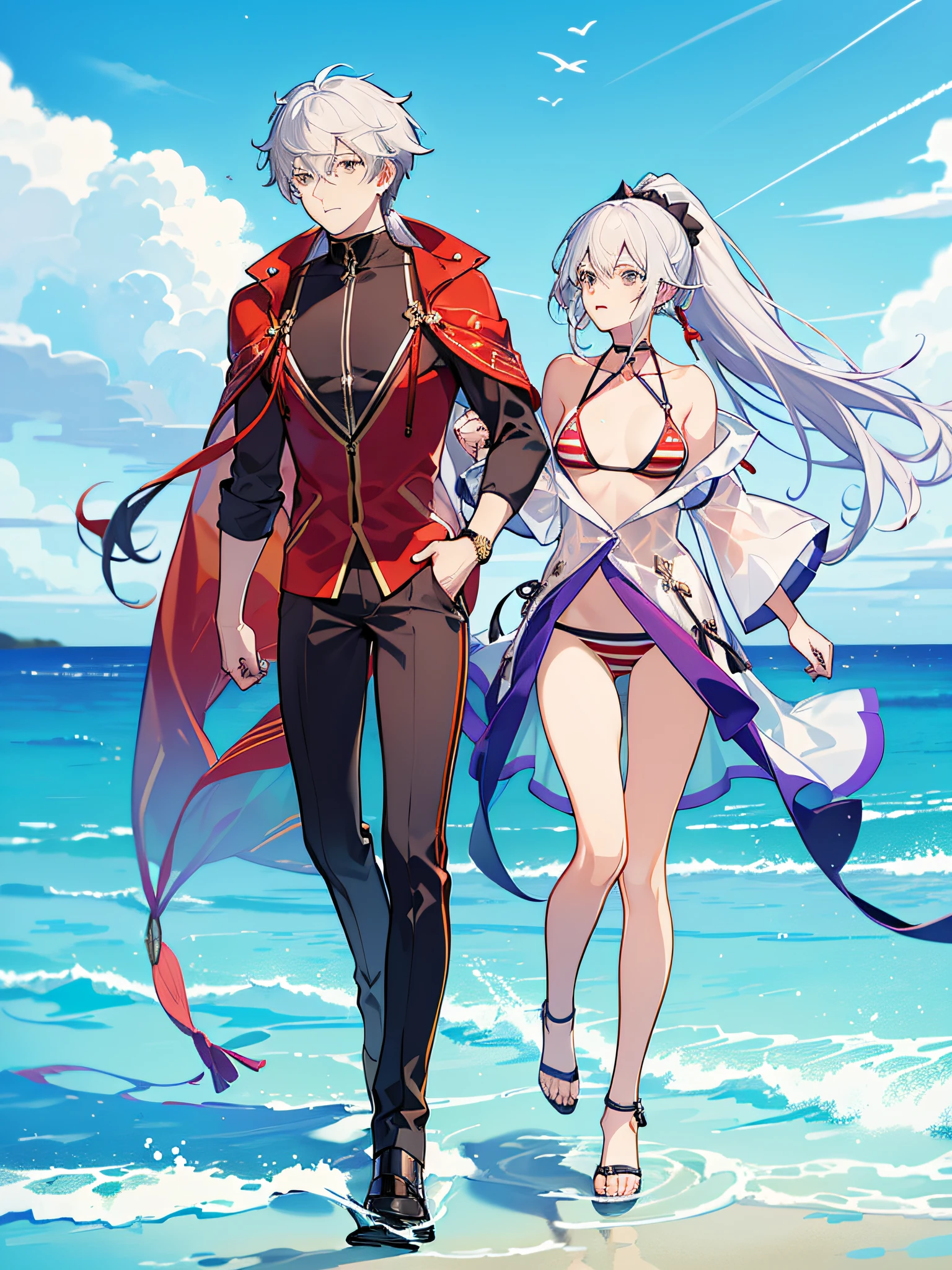 2 people,((1 male 1 female)), ((male with short dark blue hair with red strip hair and red gradient), (bare chest), (topless), (muscle), (transparent robe hanging on shoulder), ((female with white hair with high ponytail)),(bikini), meticulous bikini, ((high quality)), (extremely detailed), walking side by side, male staring at the sea, female staring at the male, beach background, 8k, 4k, inspired by Asukaziye