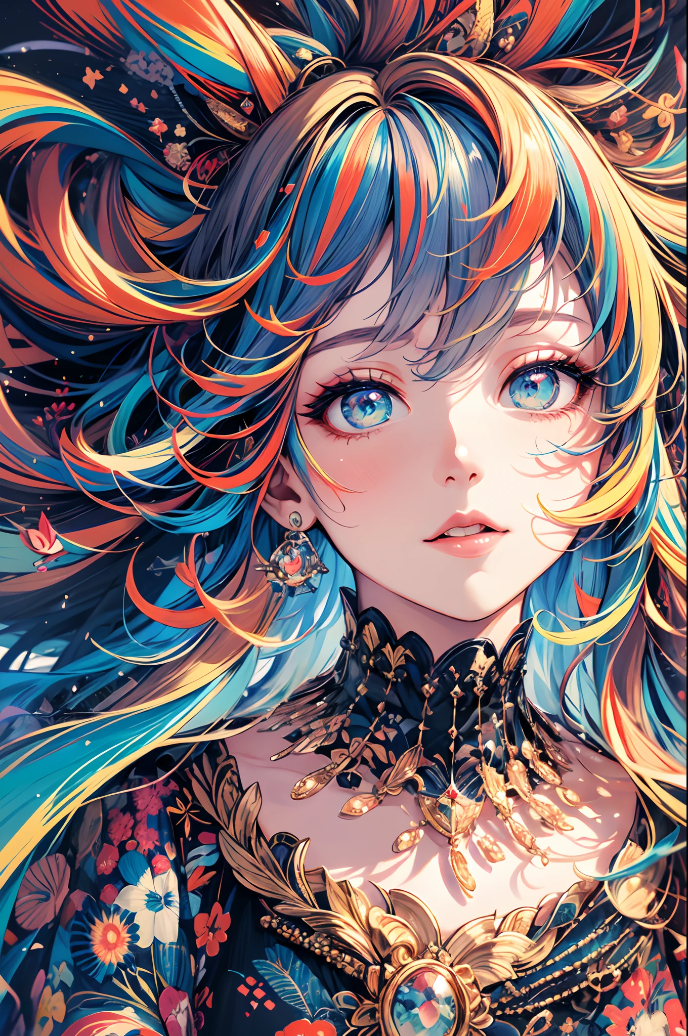 (masterpiece), best quality, expressive eyes, perfect face, a girl with an exuberant personality reflected in her truly wild and untamed hair, resembling a vibrant mane. Picture her with multicolored, vibrant hair, each hue representing an aspect of her lively spirit. Artistic vividly portray the energy and liveliness that this unique hairstyle brings to her character. Capture the essence of her individuality and the world of color that surrounds her in this energetic and visually captivating artwork. hyperdetailed illustration, highres,