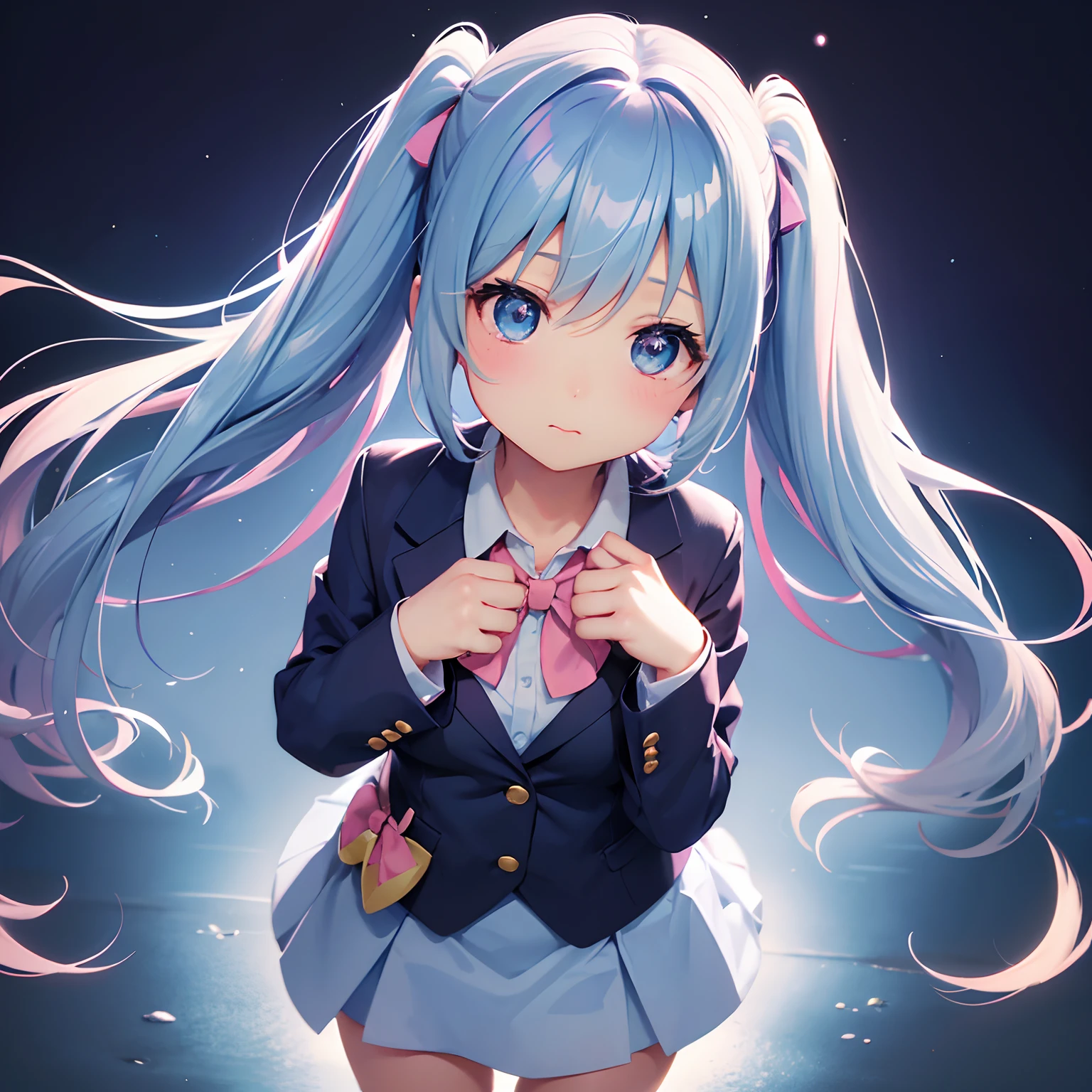 Very cute and (Beautiful Chibi Anime Girl), Solo, Simple light blue background, Beautiful twin tails,  Beautiful detailed chibi anime girl、High School Uniform, Dark blue blazer、Pink skirt、Full body, Standing, Highly detailed face and eyes, Clearly outlined、gazing at viewer