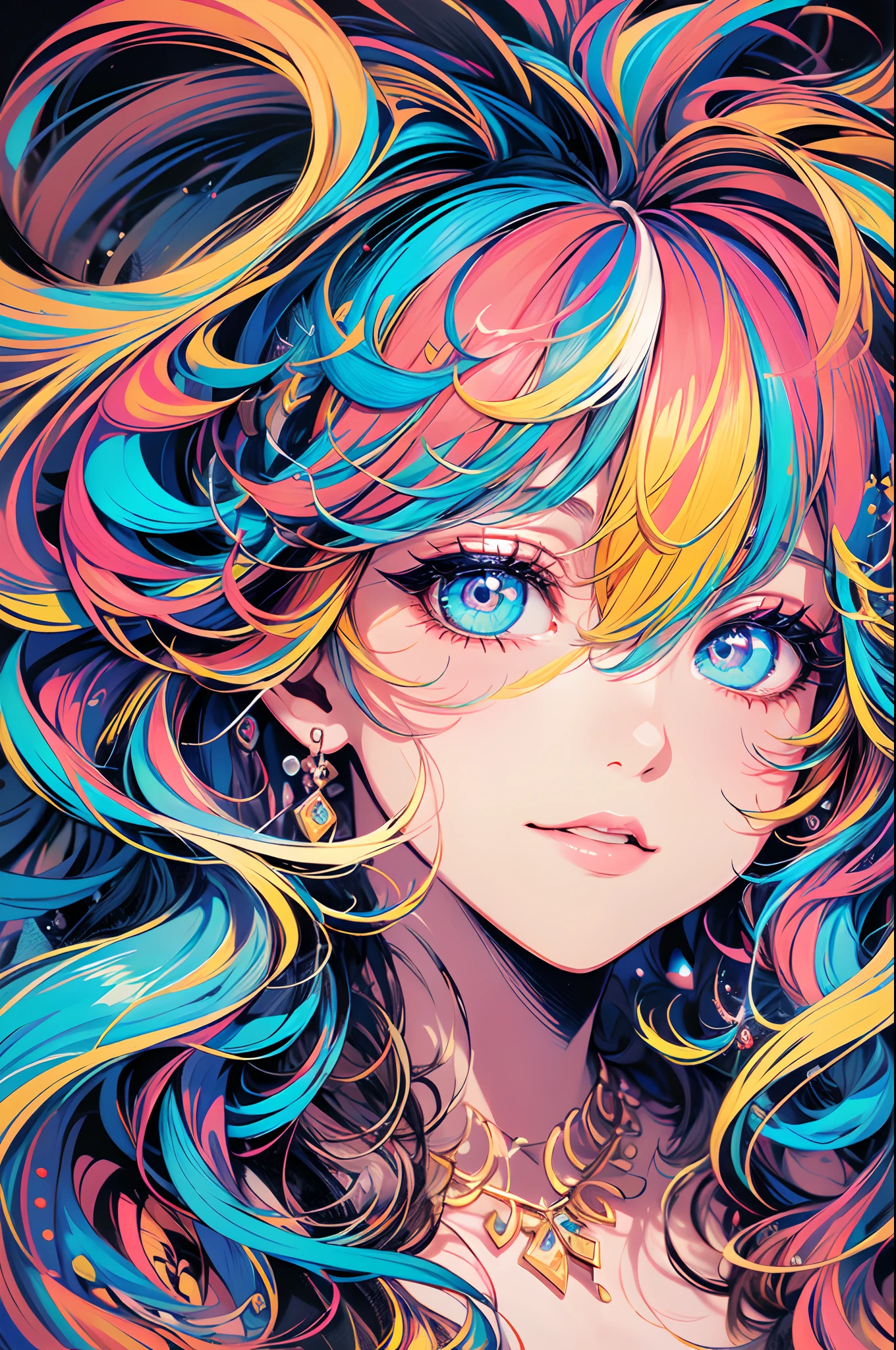 (masterpiece), best quality, expressive eyes, perfect face, a girl with an exuberant personality reflected in her truly wild and untamed hair, resembling a vibrant mane. Picture her with multicolored, vibrant hair, each hue representing an aspect of her lively spirit. Artistic vividly portray the energy and liveliness that this unique hairstyle brings to her character. Capture the essence of her individuality and the world of color that surrounds her in this energetic and visually captivating artwork. hyperdetailed illustration, highres,